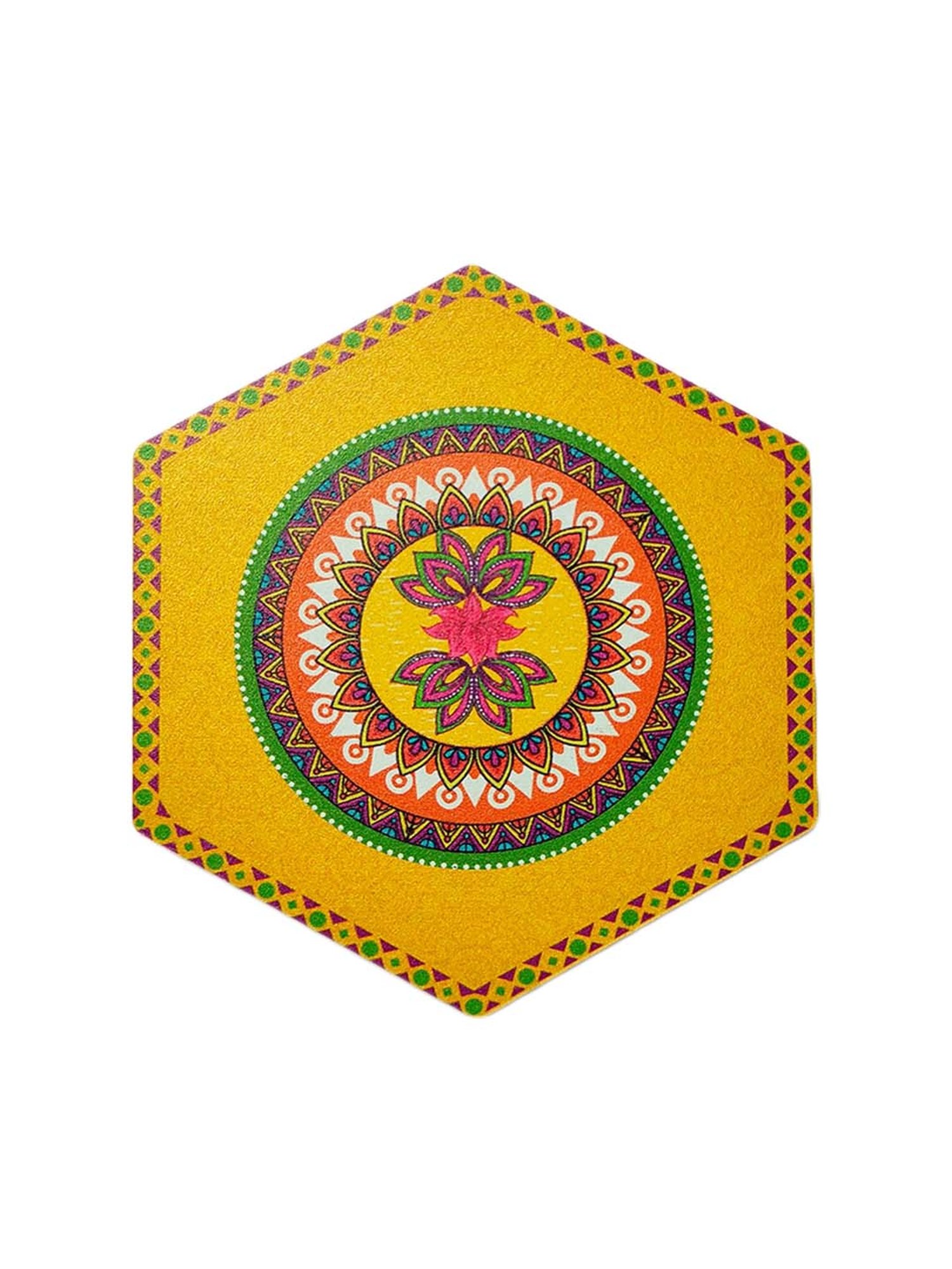 Crayton Yellow Wooden Madhubani Printed Hexagon Coasters with Holder - Set of 6