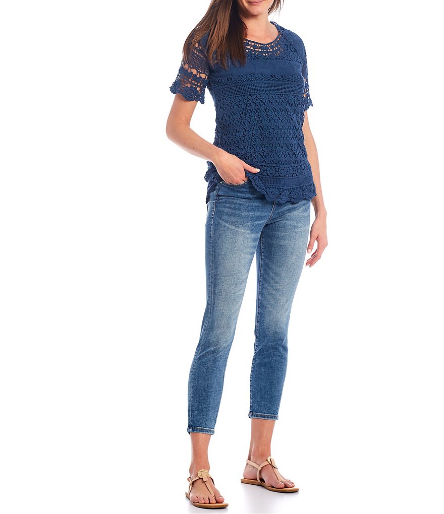 One World Apparel Lace Scoop Neck Short Sleeve Scalloped Trim Top