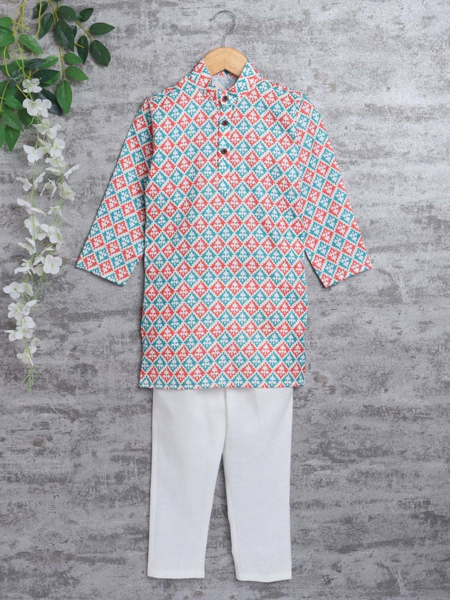 Ahhaaaa Kids Pink & Blue Cotton Handloom Full Sleeves Kurta Set