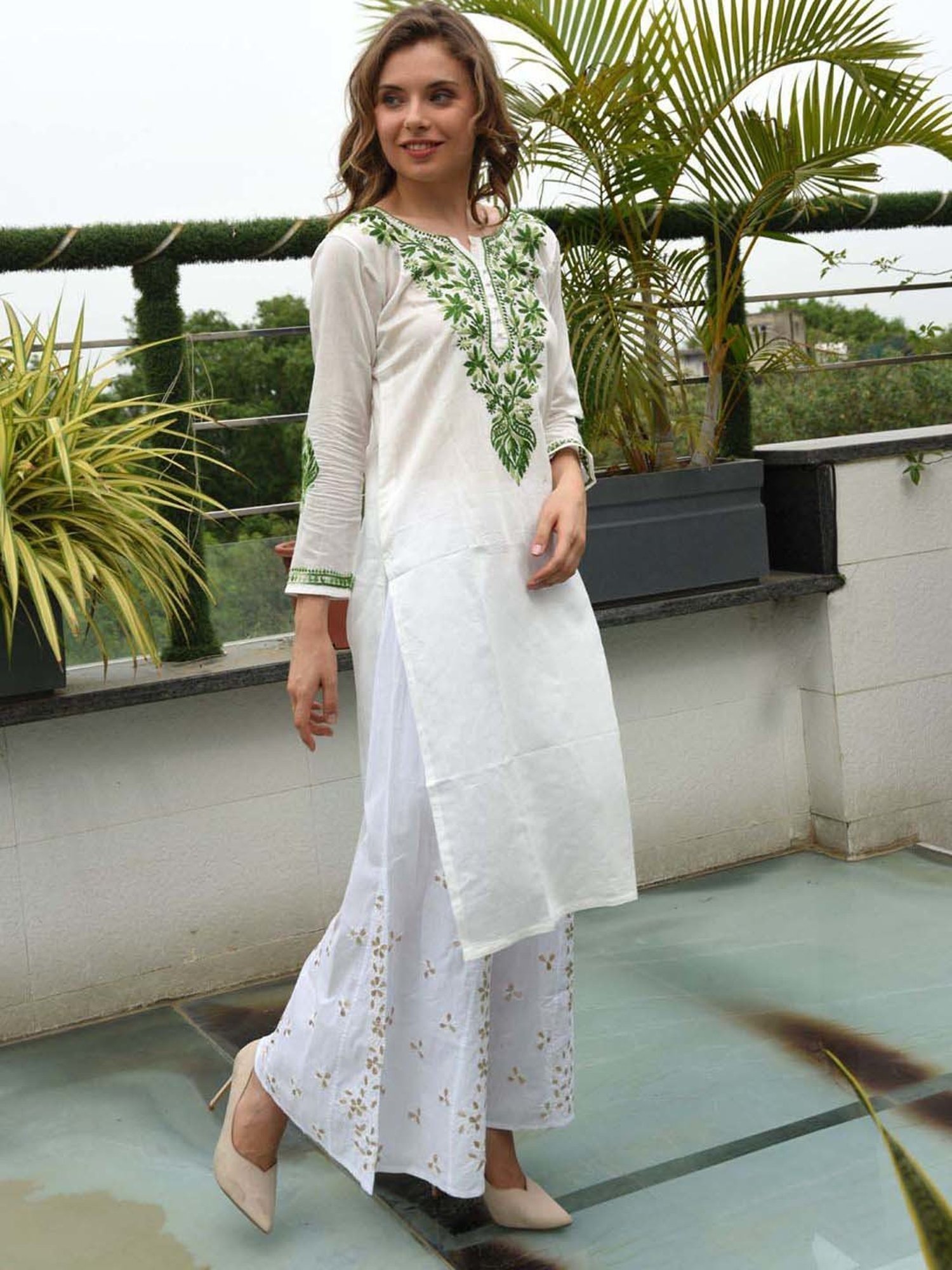 SHADES White Chanderi Chikankari Straight Kurta