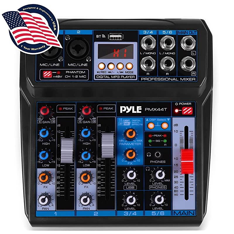 Professional Wireless DJ Audio Mixer - 6-Channel Bluetooth Compatible DJ Controller Sound Mixer w/DSP Effects, USB Audio Interface, Dual RCA in, XLR/1/4 Microphone in, Headphone Jack- PMX44T.5