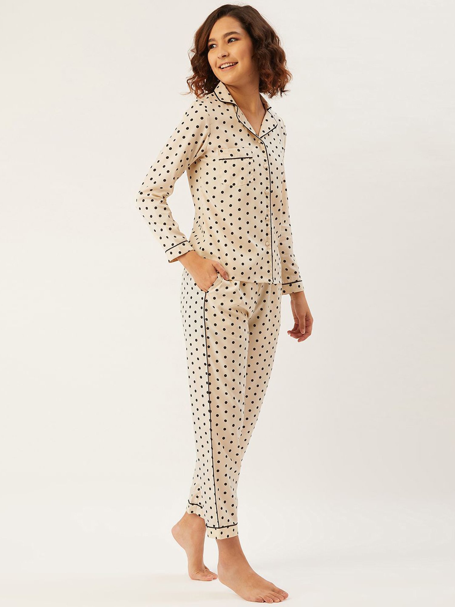 Anvi Be Yourself Cream Polka Dots Shirt Pyjama Set