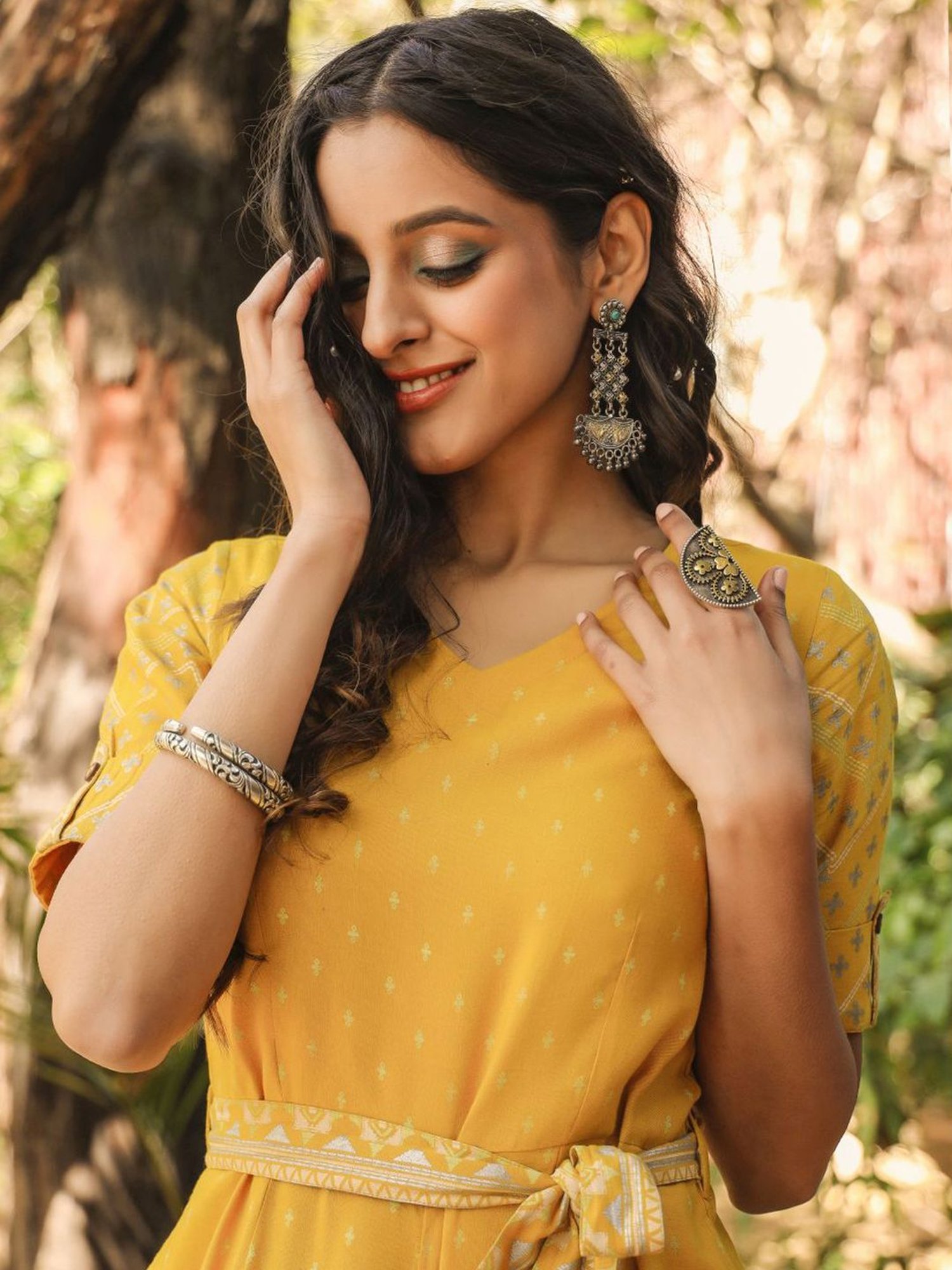 Juniper Mustard Ethnic Motif Printed Rayon Flex Jumpsuit