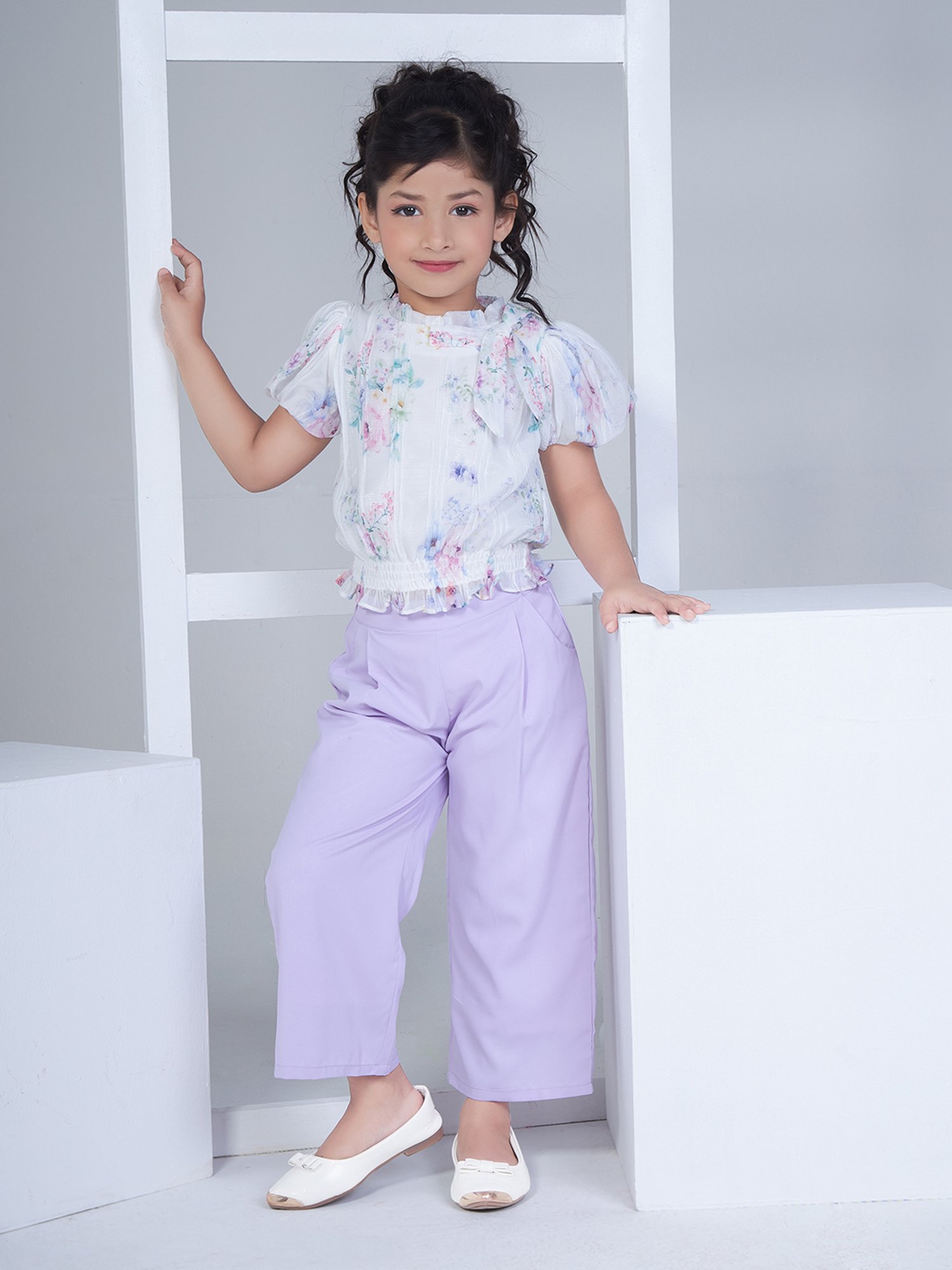 Peppermint Kids Purple & White Floral Print Top with Culottes