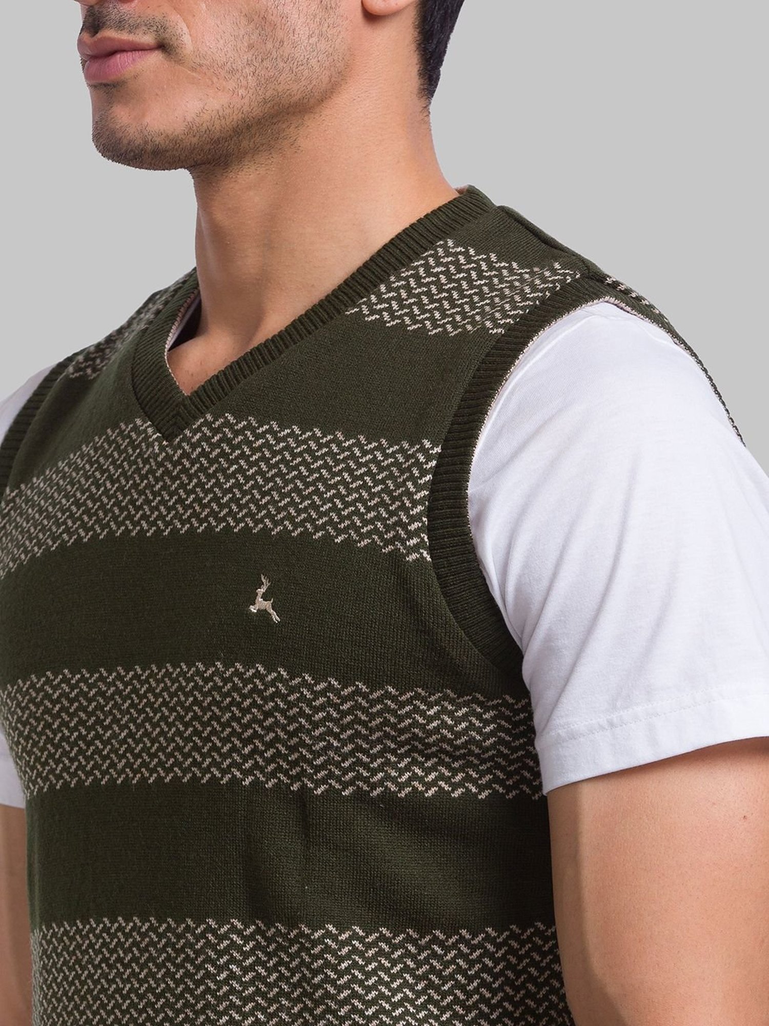 Parx Green & Beige Regular Fit Self Pattern Sweater