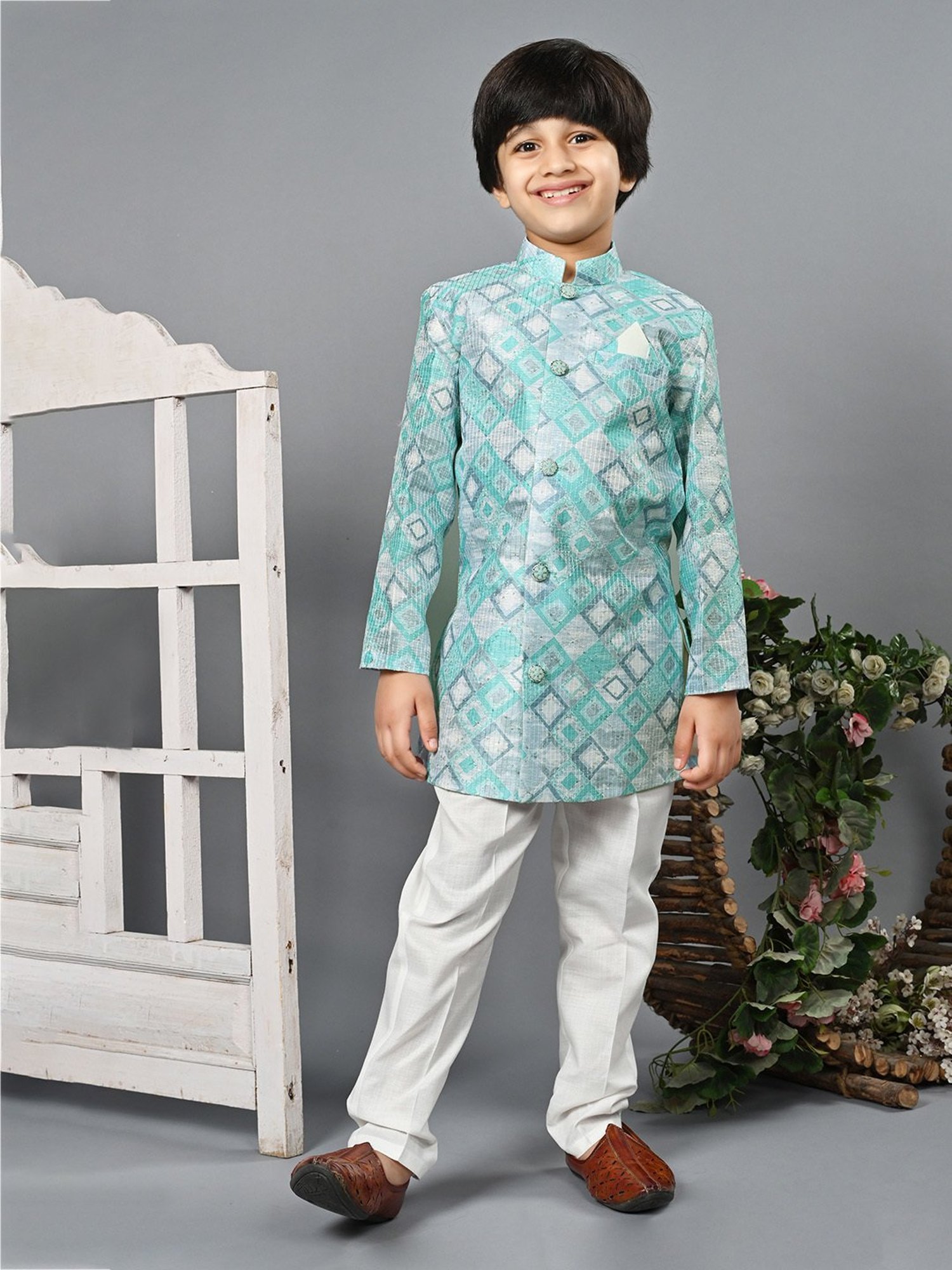 Ahhaaaa Kids Blue & White Embellished Full Sleeves Sherwani With Pyjamas