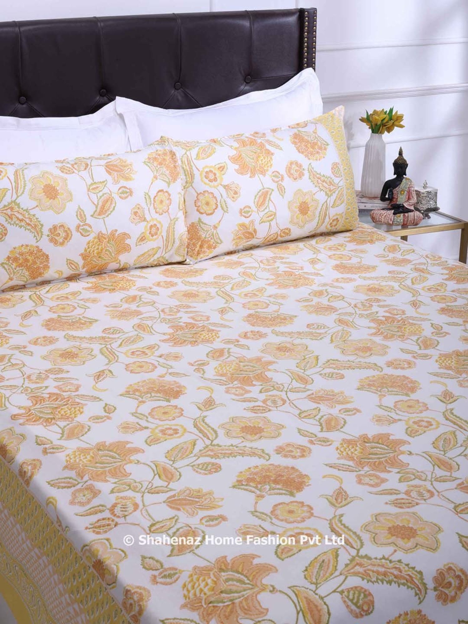 Shahenaz Yellow 120 TC Cotton Malaga Chintz Double Bedsheet with 2 Pillow Covers