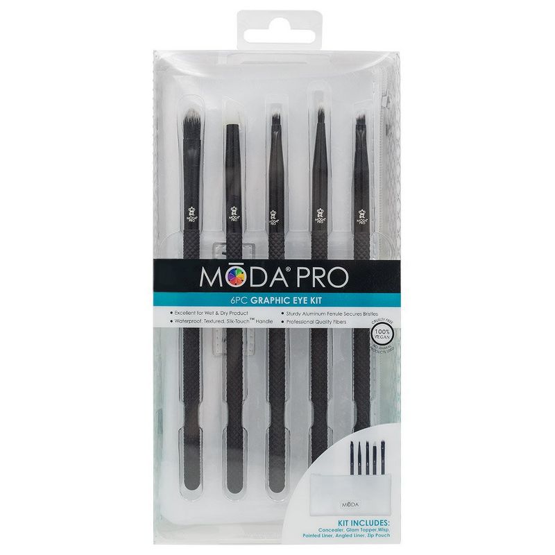 MODA Brush Pro 6pc Graphic Eye Black Makeup Brush Set with Zip Case, Includes - Concealer, Glam Topper, Wisp, and Angled Liner Brushes