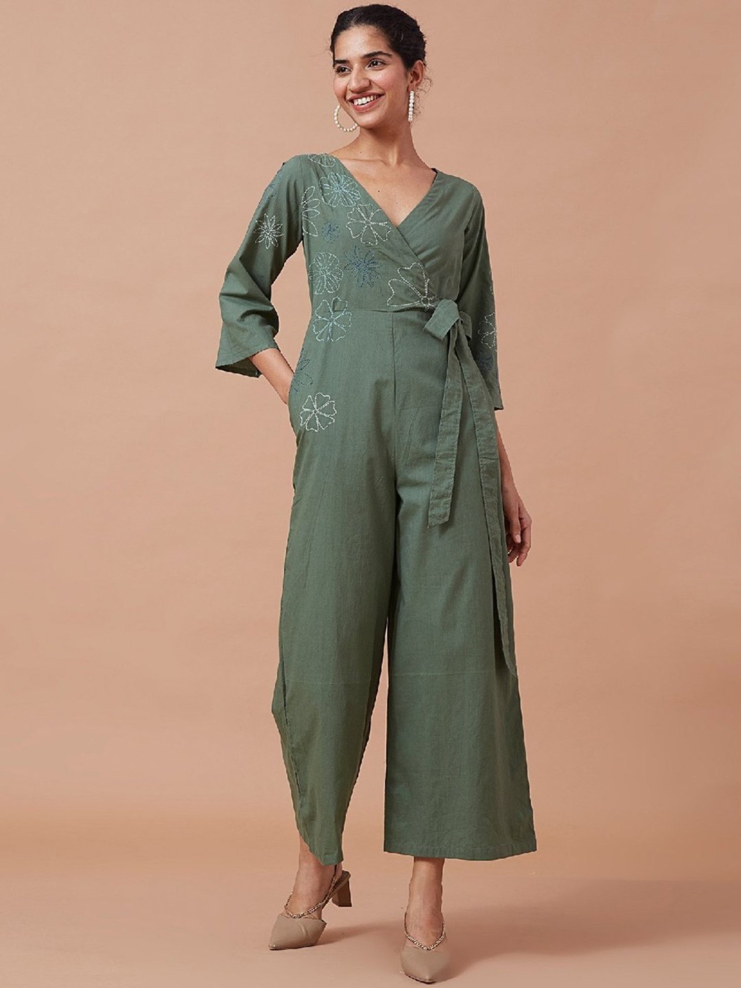 Okhai Forest Magic Green Pure Cotton Hand Embroidered Jumpsuit