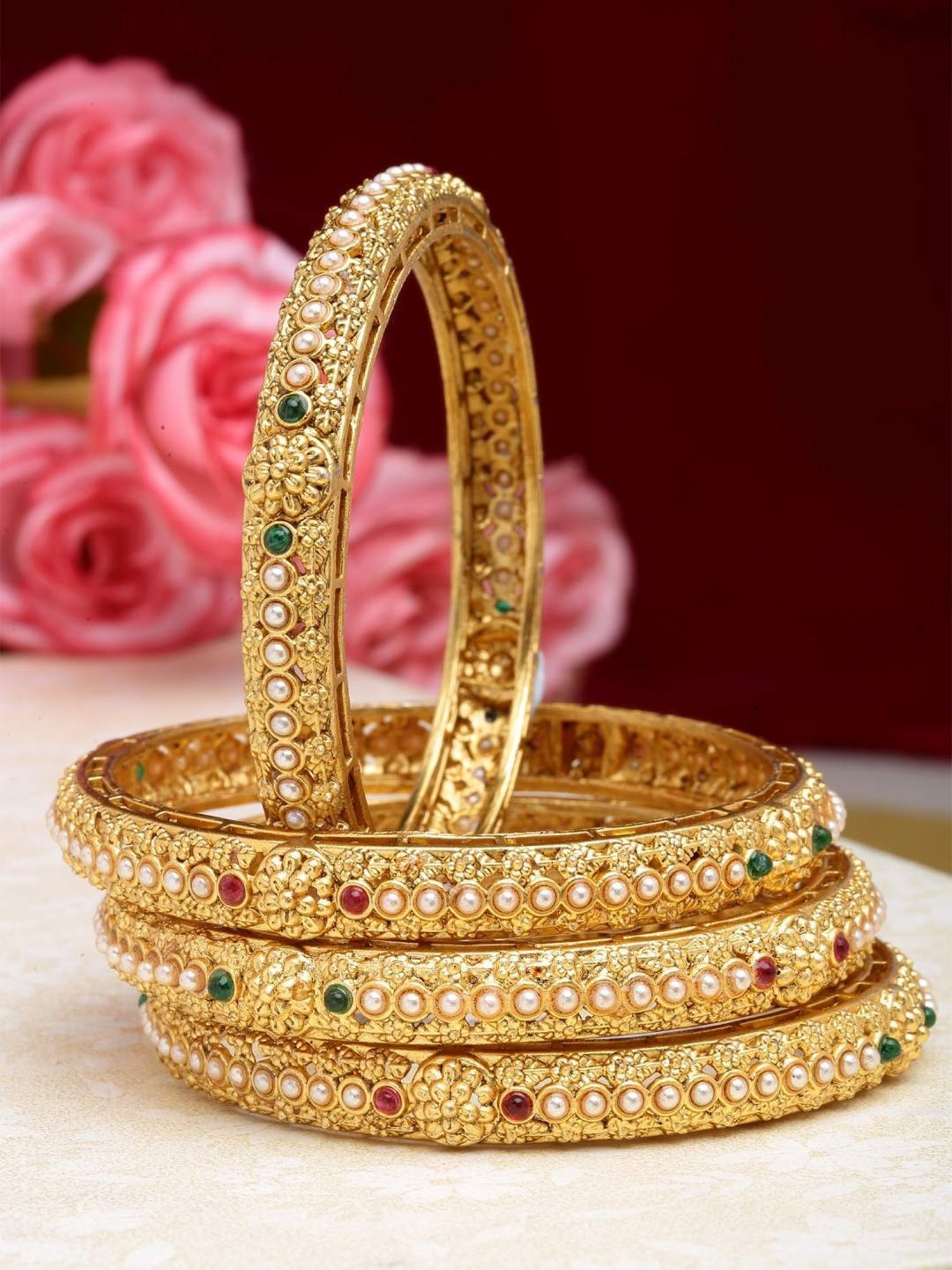 Karatcart Gold-Plated Pearl Studded Bangles for Women - Set of 4