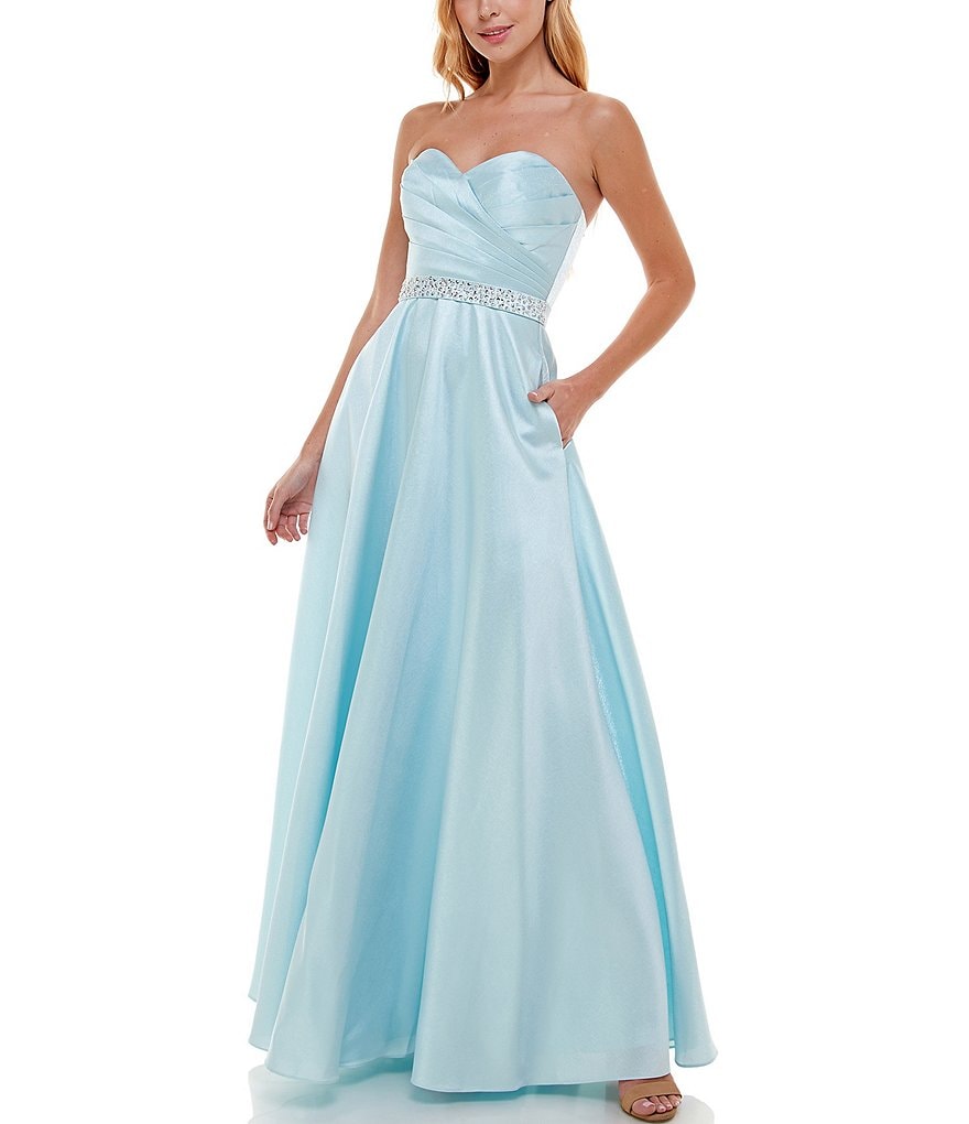 B. Darlin Strapless Pleated-Bodice Metallic Ball Gown
