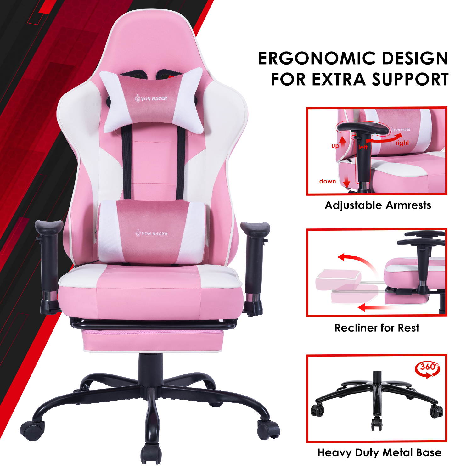 VON RACER Massage Gaming Chair - High Back Racing PC Computer Desk Office Chair Swivel Ergonomic Executive Leather Chair with Footrest and Adjustable Armrests(Grey)