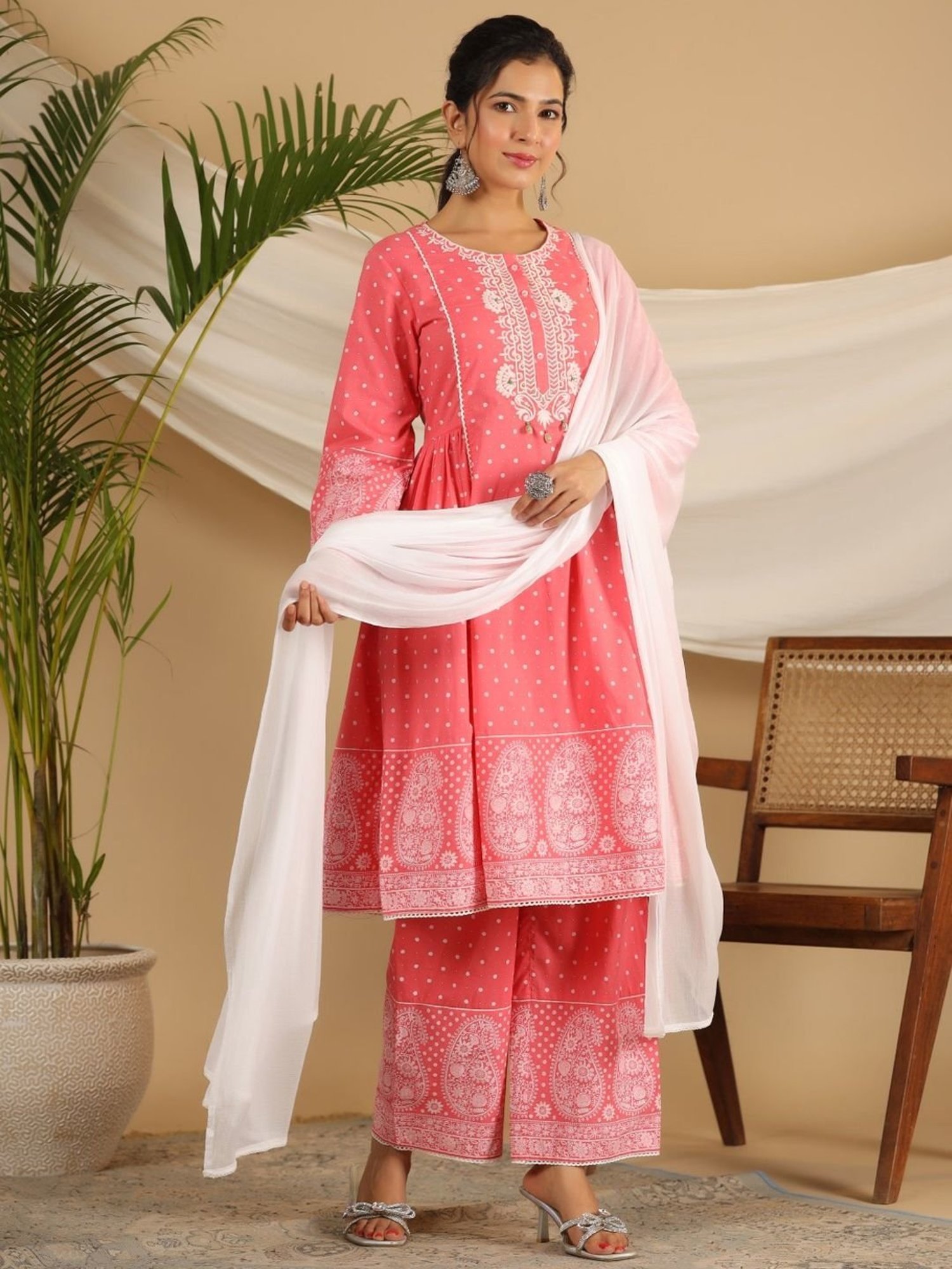 Juniper Pure Cotton Coral Ethnic Motif Printed Kurta With Palazzo Set With Thread Embroidery