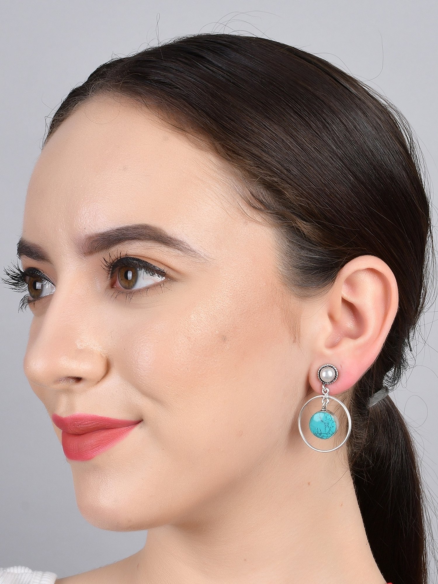 Imli Street Turquoise-White Silver Tone Stone-Studded Handcrafted Drop Earrings