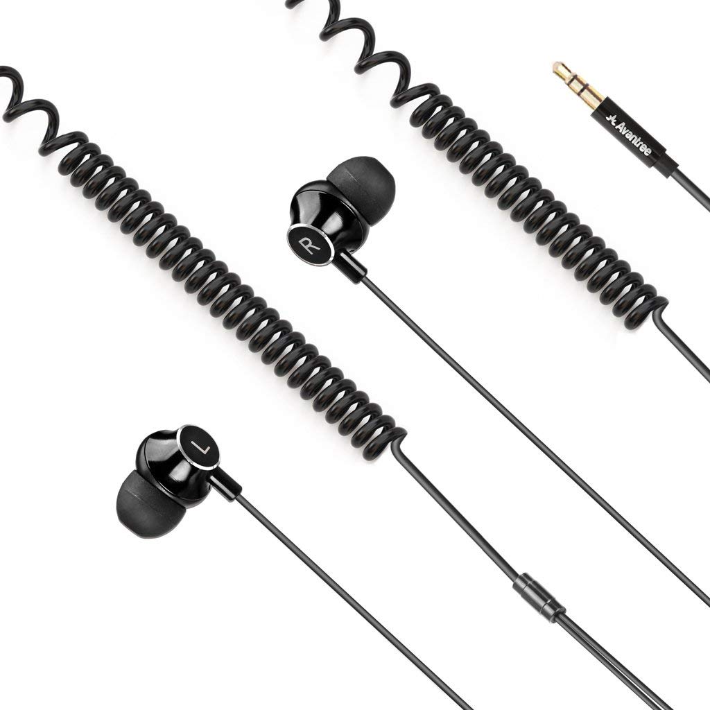 Headphones for TV with LONG CORD Earbuds, 12FT/3.5M Extension Cable Earphones Ear buds for PC, 3.5mm Audio Output, Metal Stereo In-Ear Wired Bass Headset with Spring Coil Wire - Avantree HF027