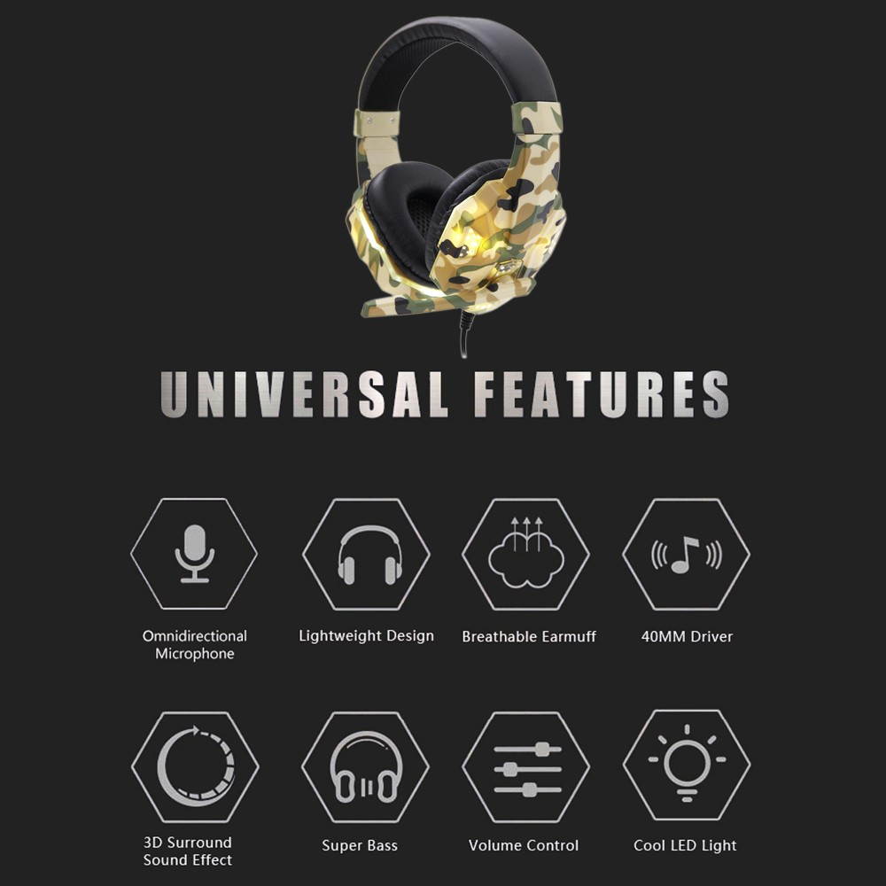 SY830MV Gaming Headset 3.5mm Wired Over Ear Headphones Noise Canceling E-Sport Earphone with Mic LED Light AUX+USB for Desktop PC