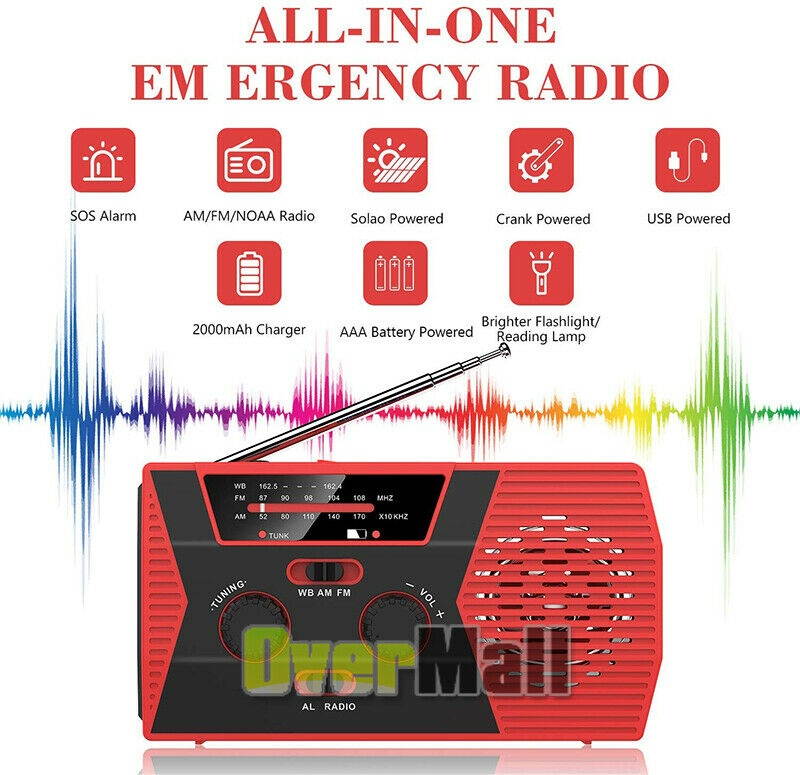 Emergency Solar Weather AM/FM Radio SOS Searchlight Handheld Spotlight Flashligh