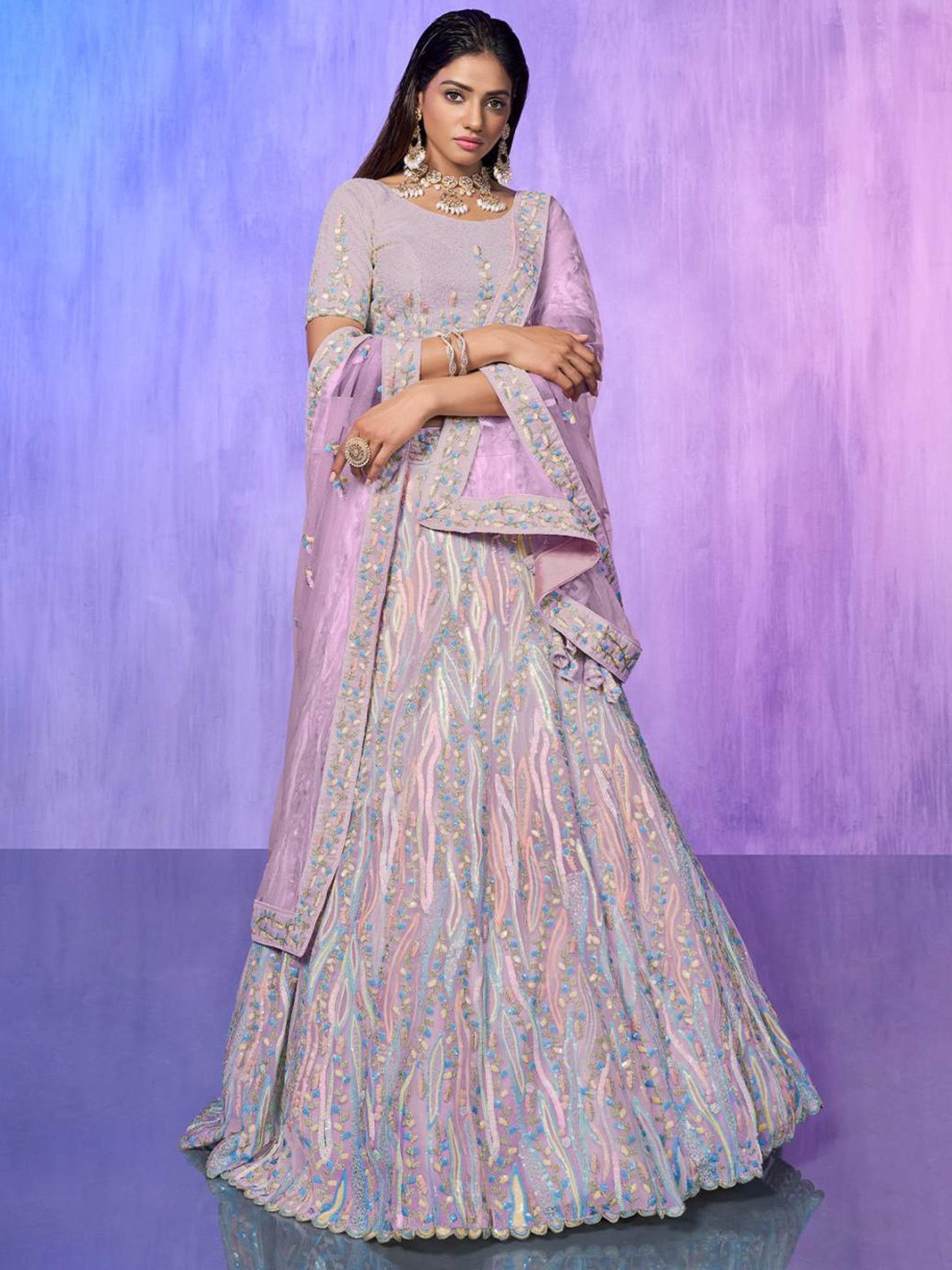 Odette Purple Embroidered Semi Stitched Lehenga Blouse Set With Dupatta