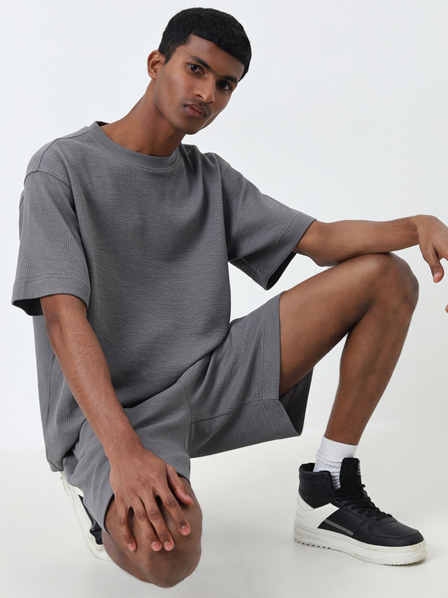 Studiofit by Westside Grey Self-Textured Relaxed-Fit T-Shirt