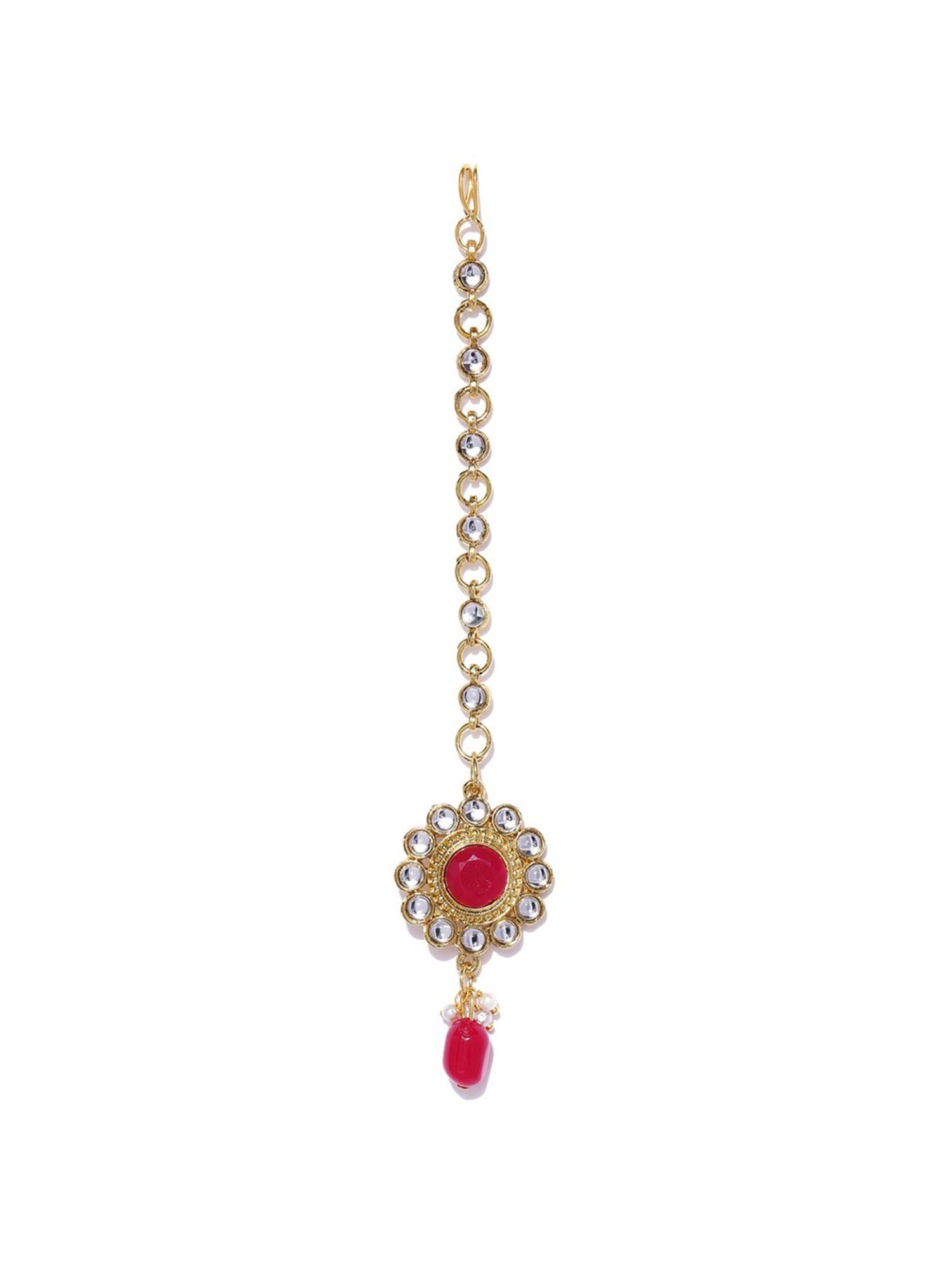 Zaveri Pearls Rani Pink Kundan And Dangling Beads Necklace Earring Maangtikka Set-ZPFK8865