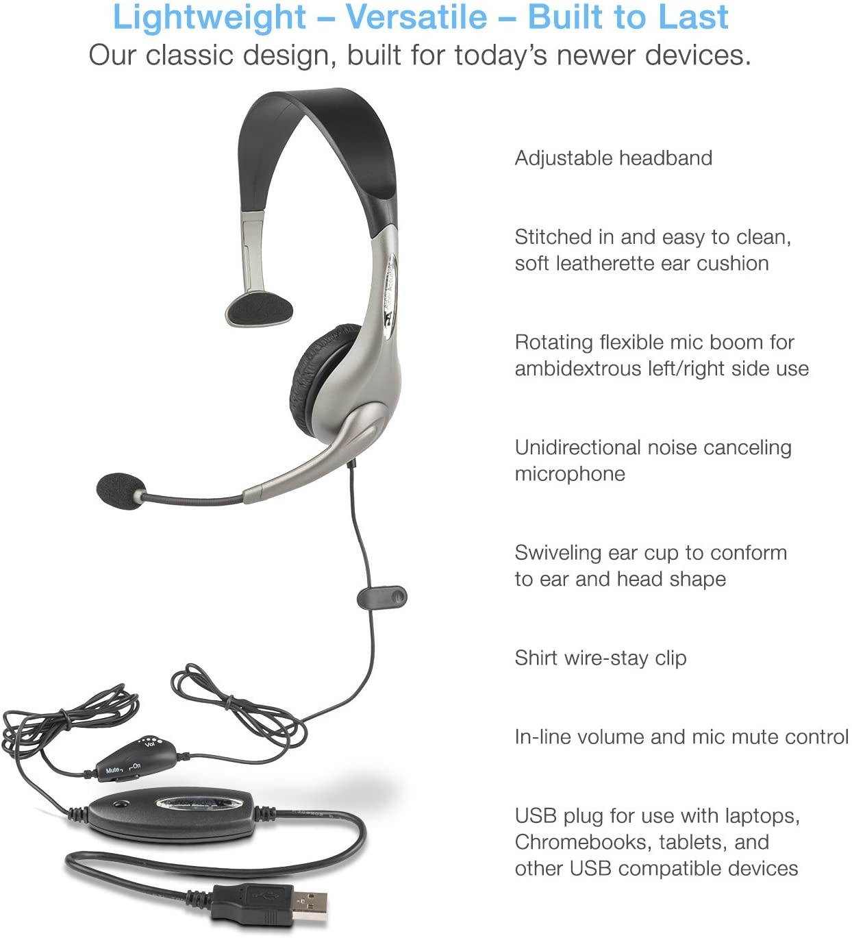 Cyber Acoustics Mono USB Headsetheadphone with microphone great for K12School Classroom and Education (AC-840)