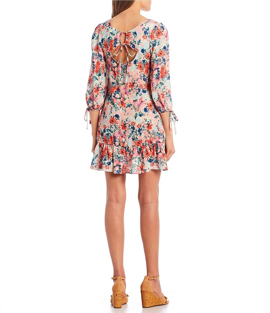 I.N. San Francisco 3/4 Sleeve Floral Print Ruffle Hem Dress