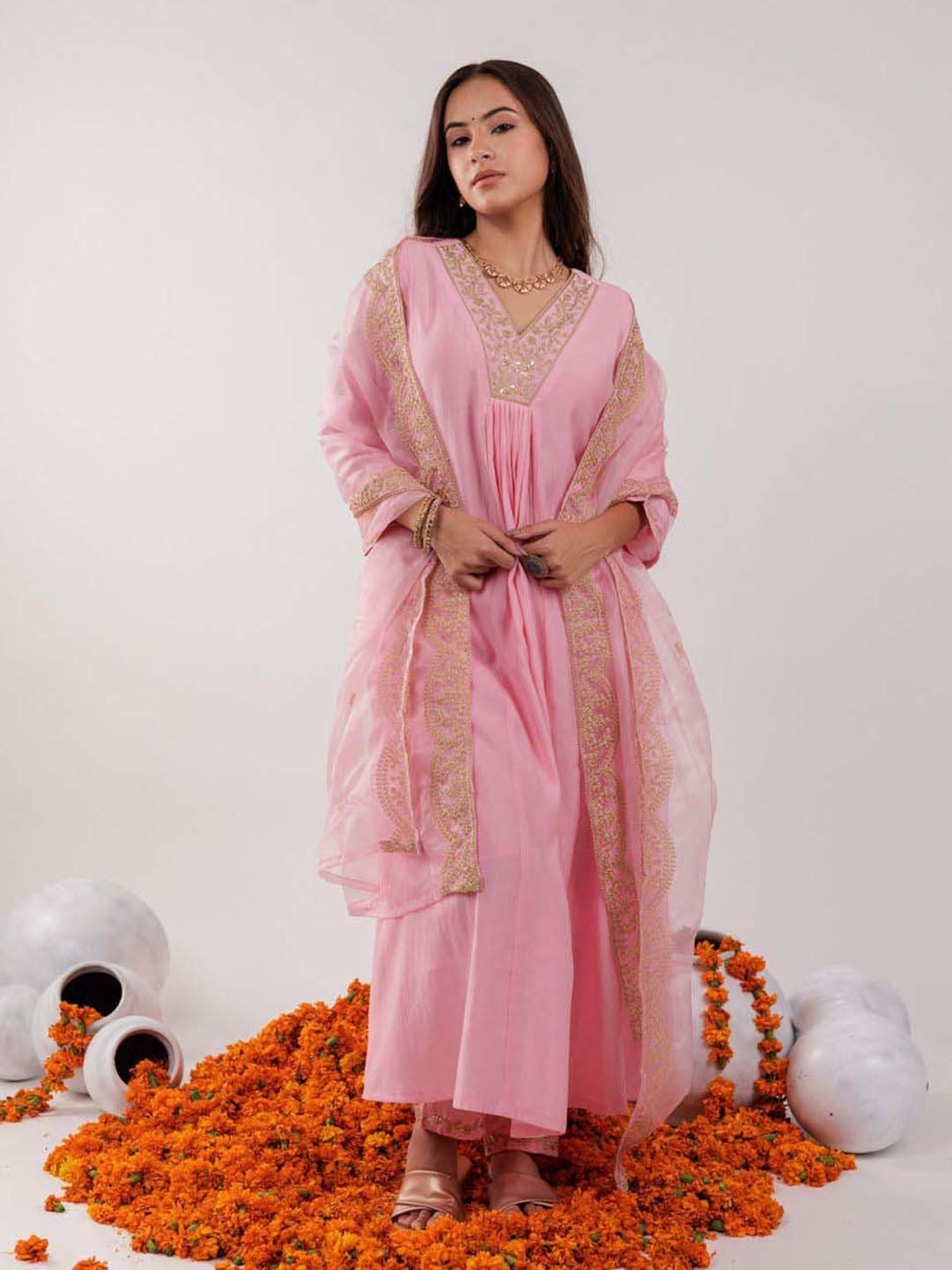 Yufta Pink Embroidered Kurta Pant Set With Dupatta