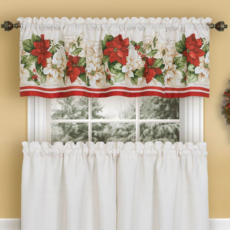 Red and White Poinsettia Elegant Holiday Kitchen Tiers and Valance - 3 Piece Set - Elrene Home Fashions
