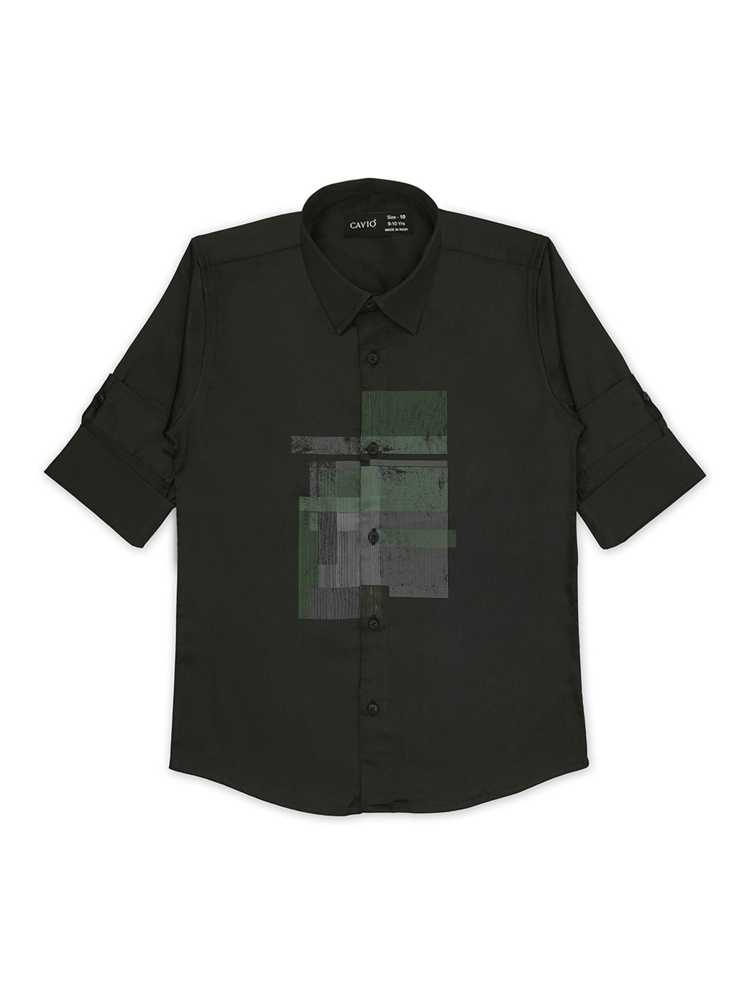 Cavio Kids Dark Green Printed Full Sleeves Shirt