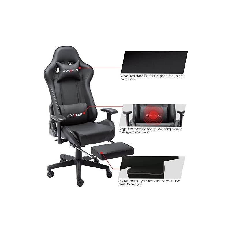 Gaming Chair Large Size High-back Ergonomic Racing Seat with Massager Lumbar Support and Retractible Footrest PU Leather 90-180 degree adjustment of backrest Thickening sponges (YK-6008-BLACK)