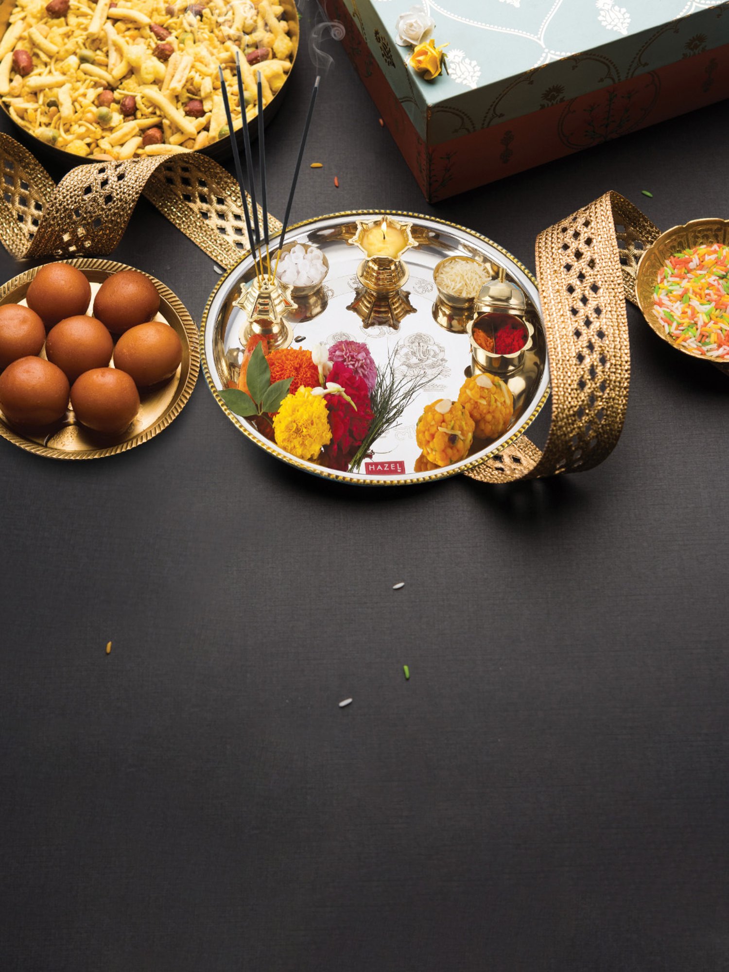 HAZEL 'Diva' Silver Stainless Steel Puja Thali Set with 1 Diya & 1 Bati