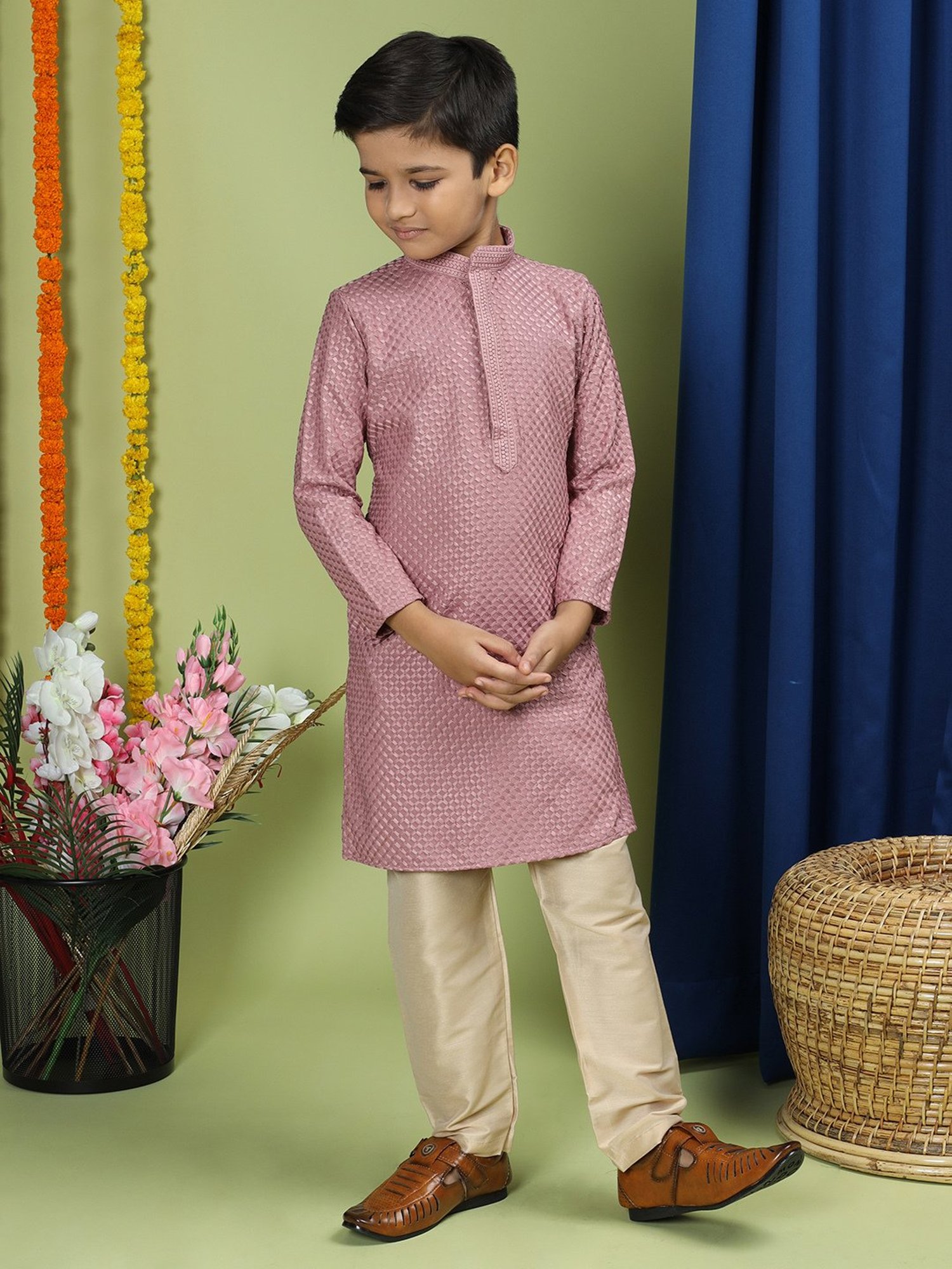 VASTRAMAY Boys Yellow & White Cotton Printed Full Sleeves Kurta Sets