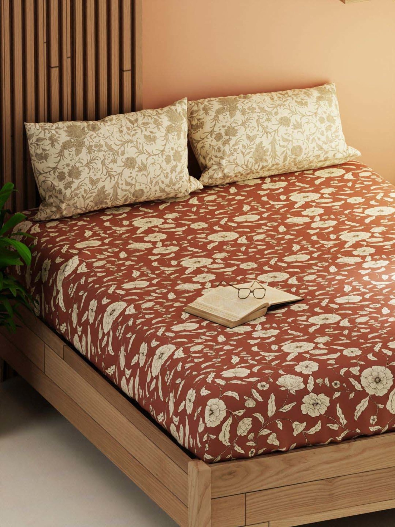 Bianca Magnolia Brown & Beige 152 TC Micro Fabric Double Bedsheet with 2 Pillow Covers