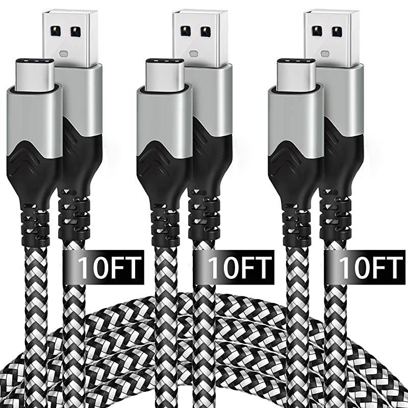 USB Type C Cable 10 Ft3 Pack Long Fast Charger USB C Cable for Samsung Galaxy S10 S9 S8 Plus Nylon Braided High Speed Cord Compatible for Note 10 9 8Google Pixel 3 3a 2XLMoto G6 G7LG V30