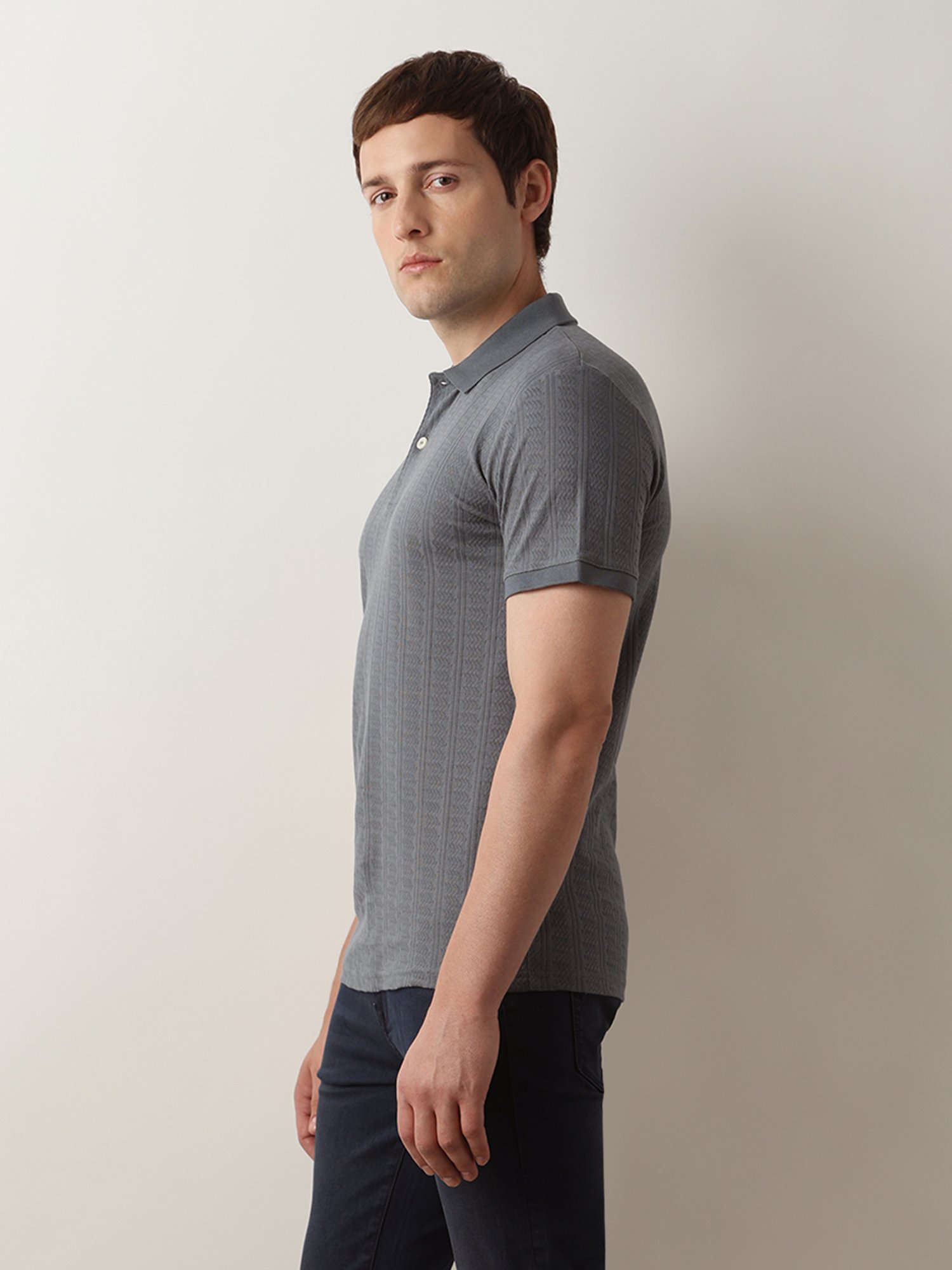 SELECTED HOMME Steel Blue Slim Fit Self Design Cotton Polo T-Shirt