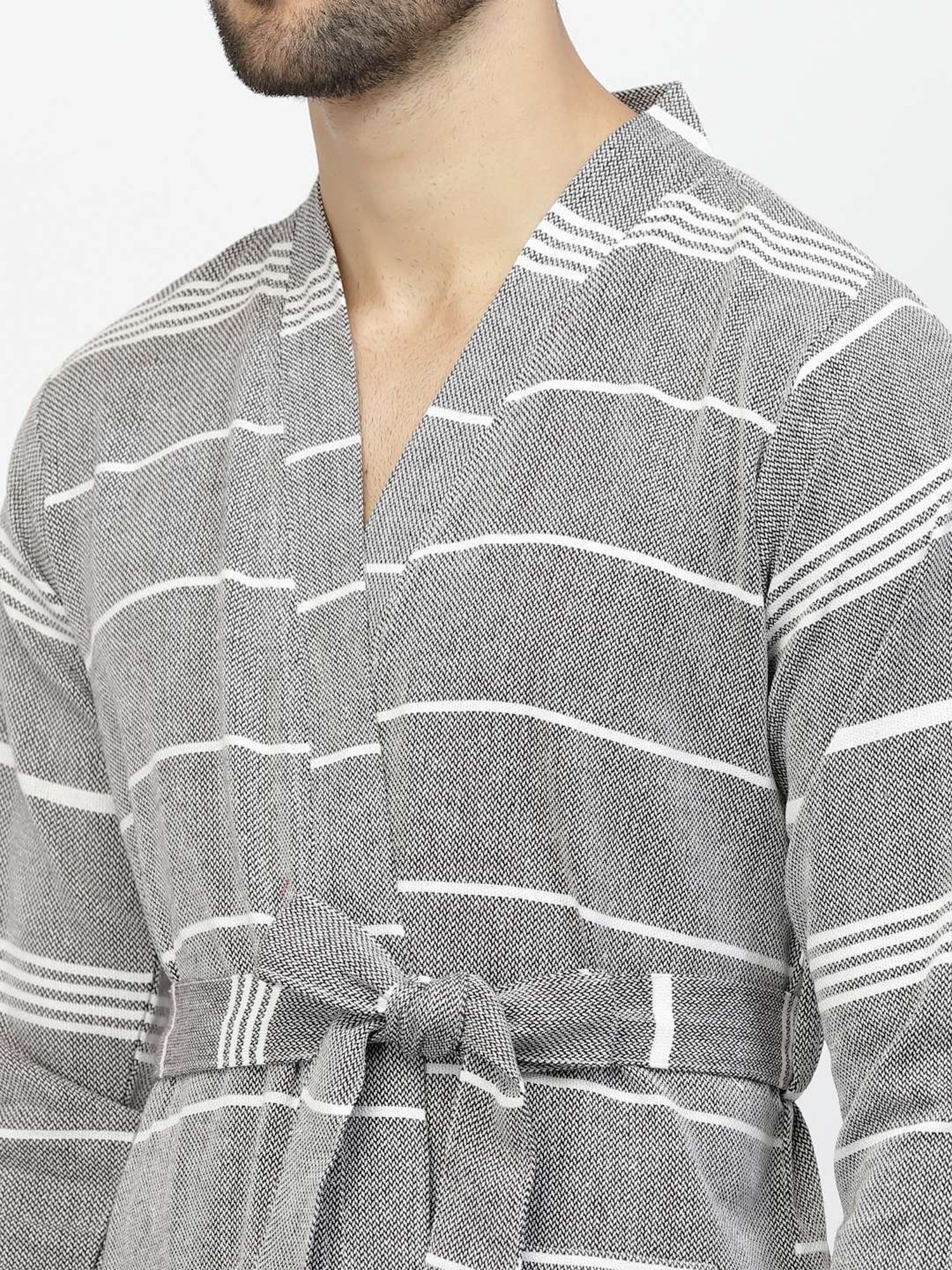 Klotthe Stripes Grey 210 GSM Cotton Bath Robe with Belt