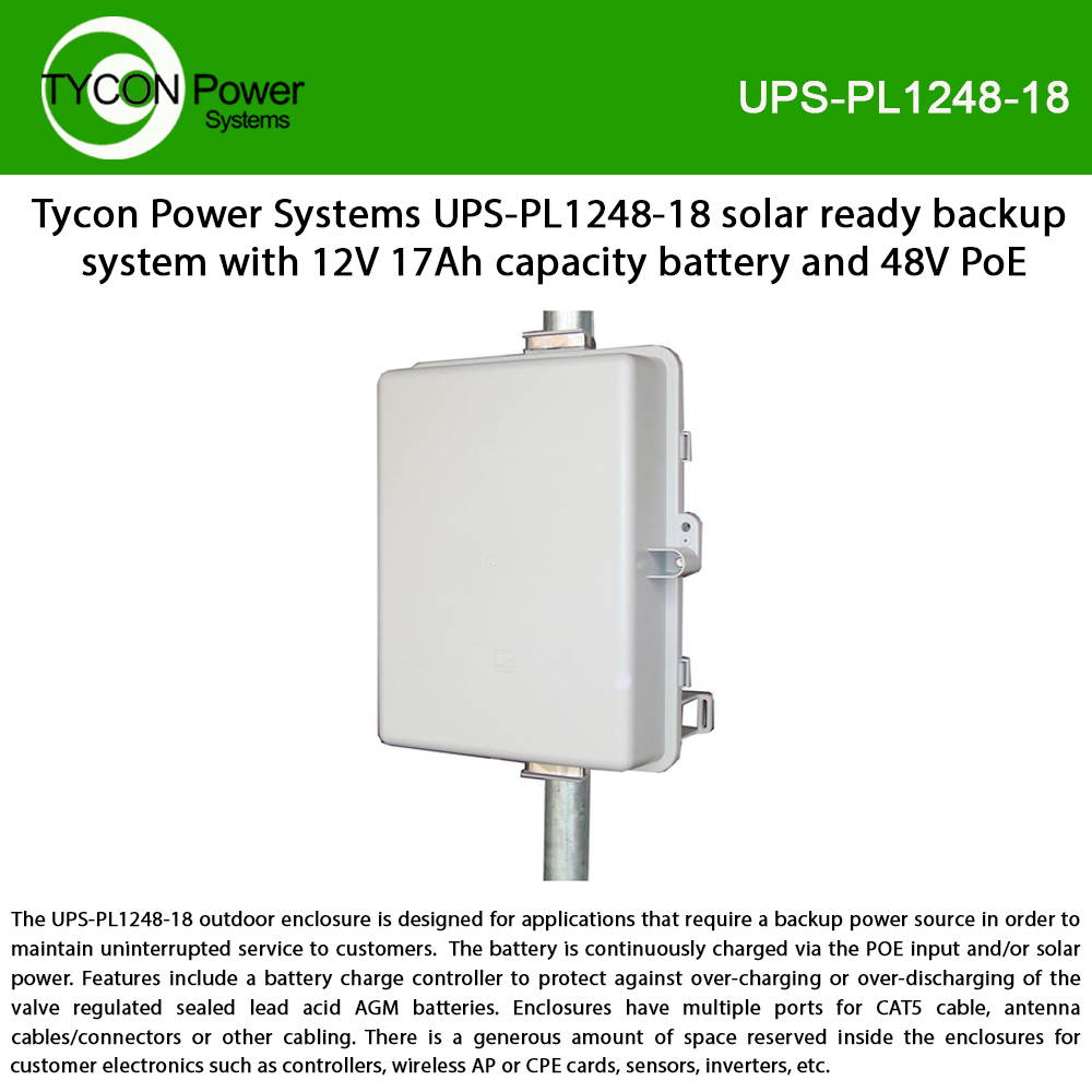 Tycon Power Systems UPS-PL1248-18 solar ready backup system with 12V 17Ah capacity battery and 48V PoE
