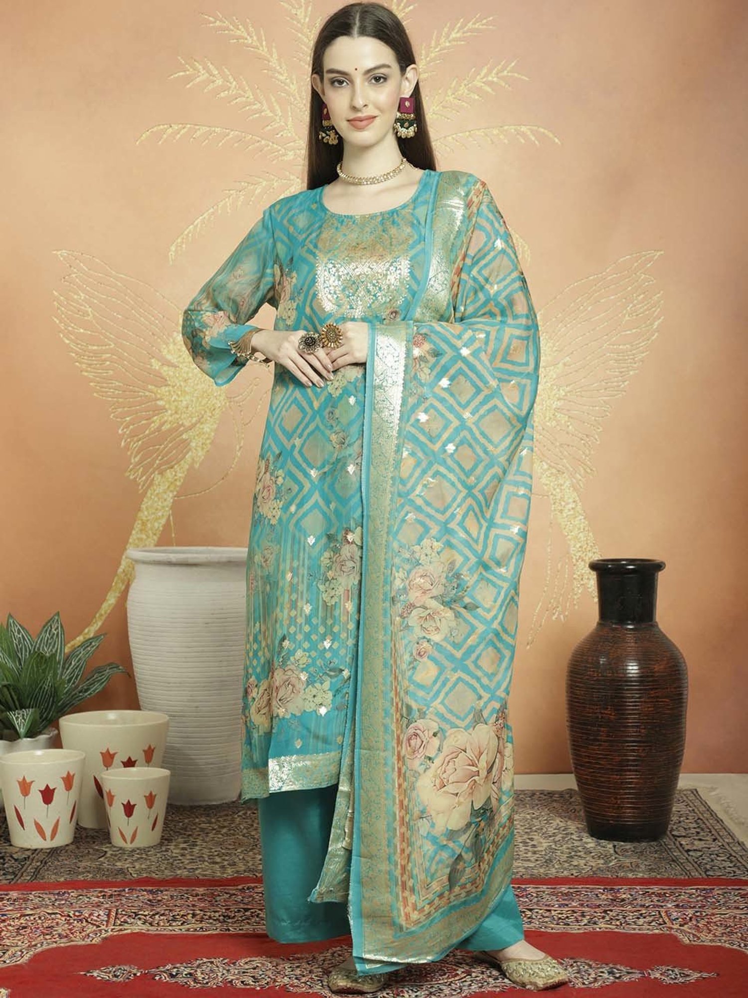 Stylee LIFESTYLE Turquoise Woven Unstitiched Dress Material