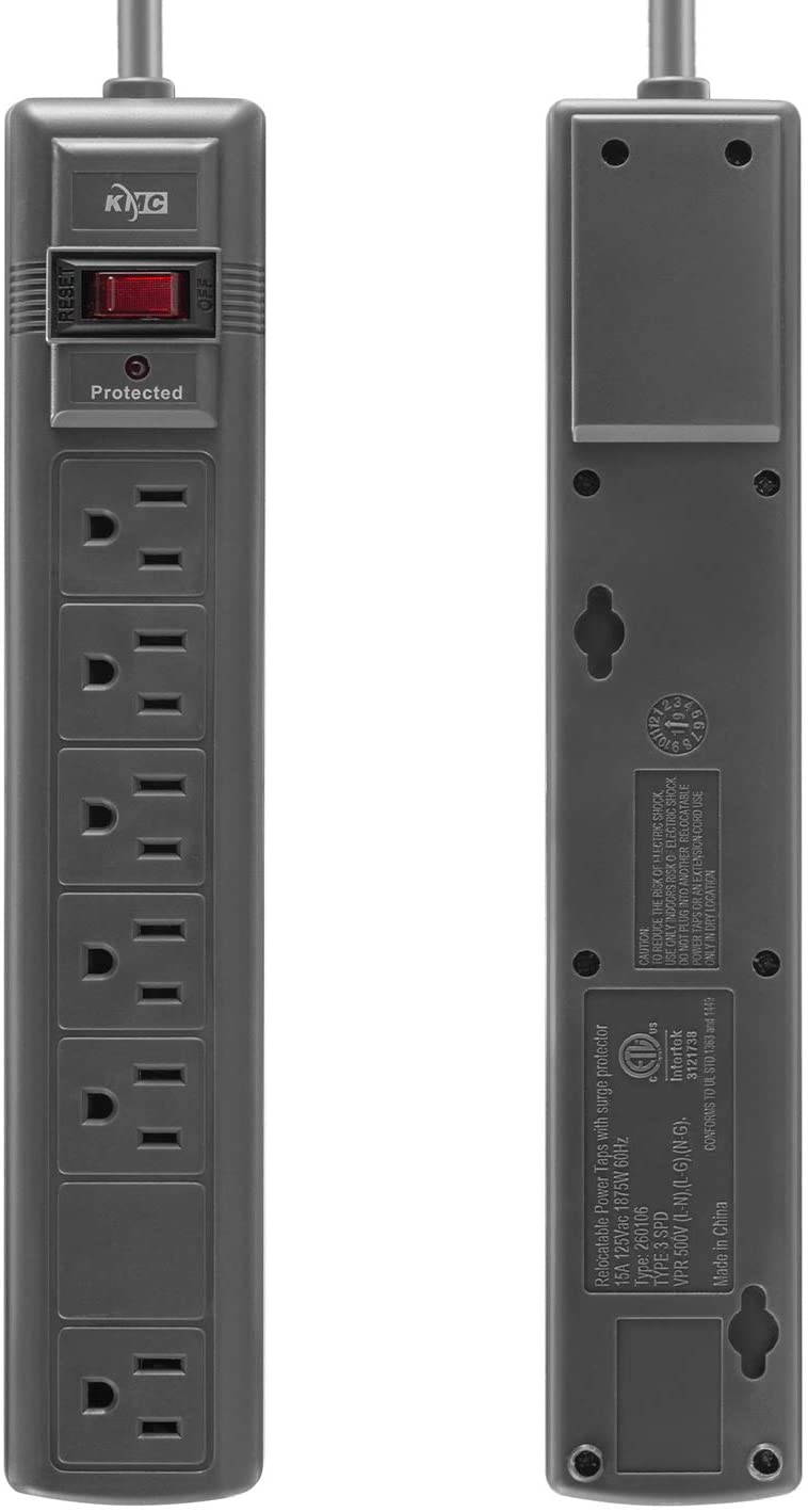 KMC 6-Outlet Surge Protector Power Strip with 6 Feet Cord, 1200 Joule 2- Pack, Overload Protection, White