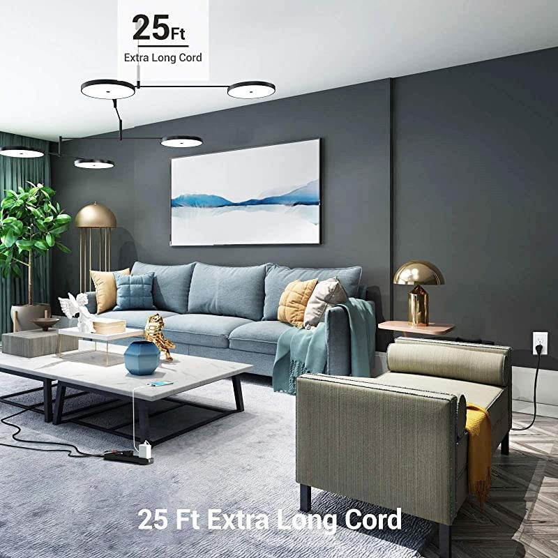 6Outlet Power Strip Surge Protector with Long Extension Cord Low Profile Flat Plug 15 Amp Circuit Breaker 500 Joules Wall Mount UL Listed 25 Foot Black