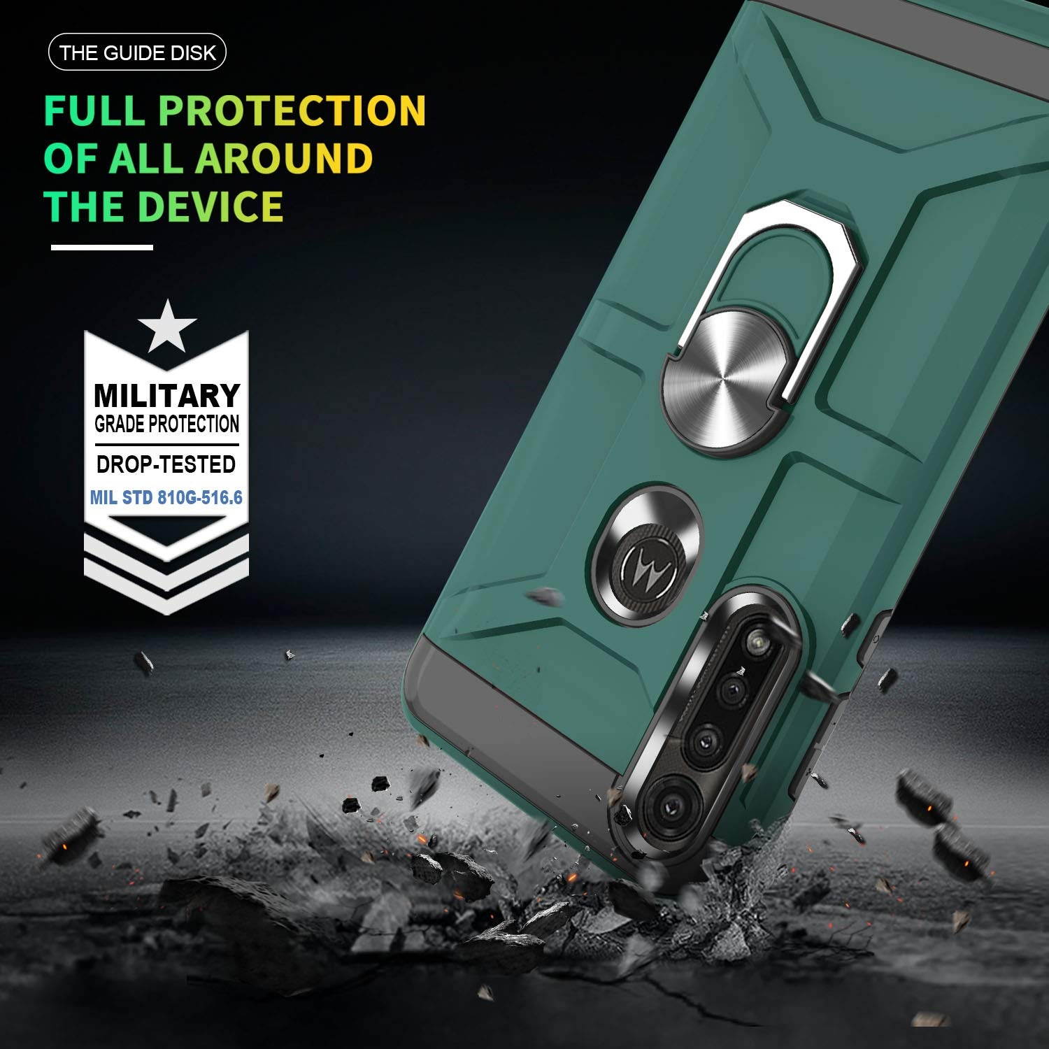 Moto G Power Case 2020 with HD Screen Protector, 360&deg; Rotation Ring Holder Kickstand [Work with Magnetic Car Mount] PC+ TPU Phone Case for Motorola Moto G Power, Midnight Green