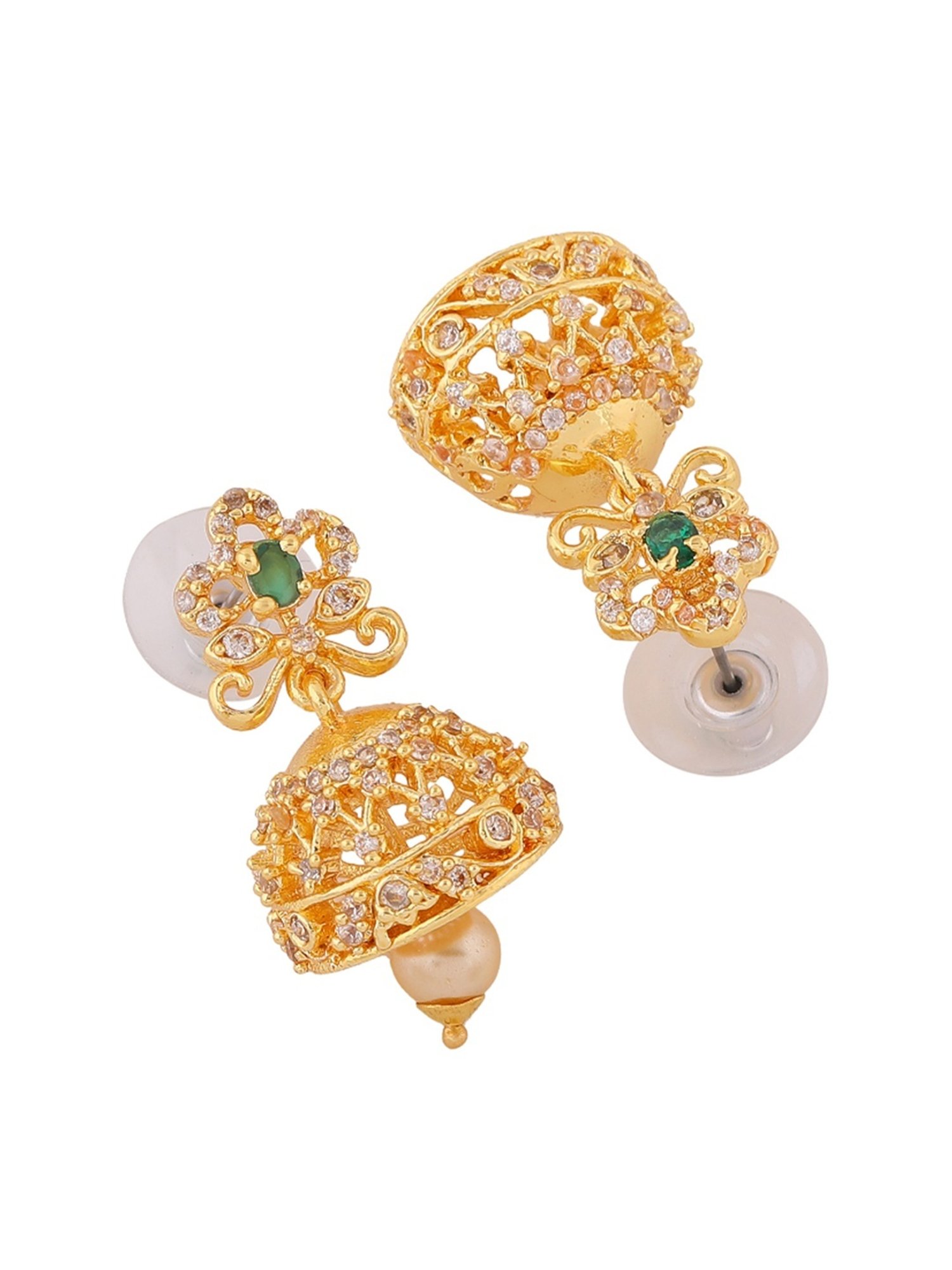 Estele Gold-Plated CZ Beautiful Pearls & Green Crystal Jhumki Earrings