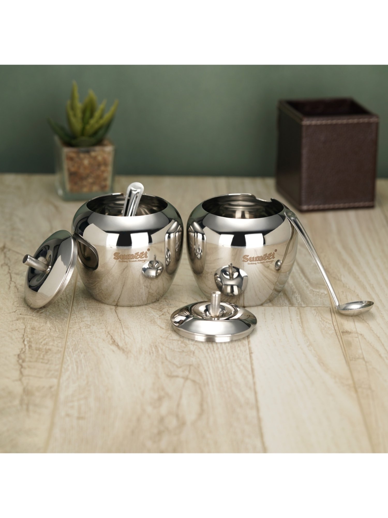 Sumeet S.S.Apple Shape Ghee&Oil Pot,Storage Container with Spoon for Kitchen,7.5cm,220ML-(Pack of 2)