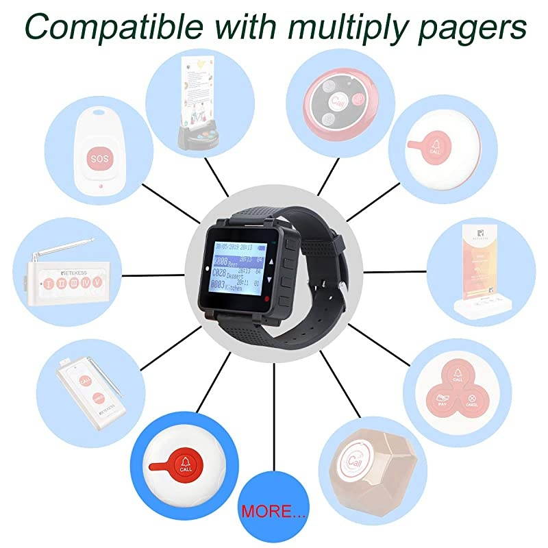 T128 Caregiver Pager,Nurse Call System,Sound Alert,Help Button,1 PC Watch Pager,5 PCS TD009 Call Buttons for Elderly,Patient,Disable
