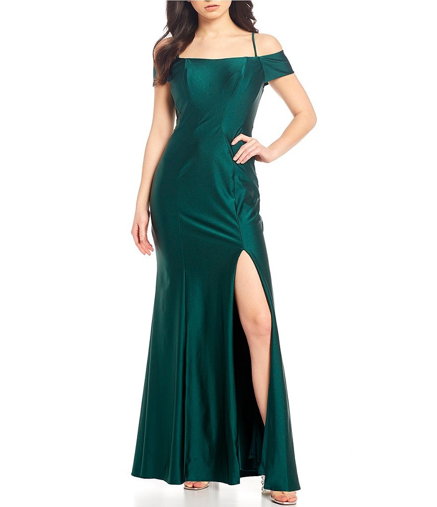 Morgan & Co. Off-the-Shoulder Cap-Sleeve Side Slit Seamed Long Dress