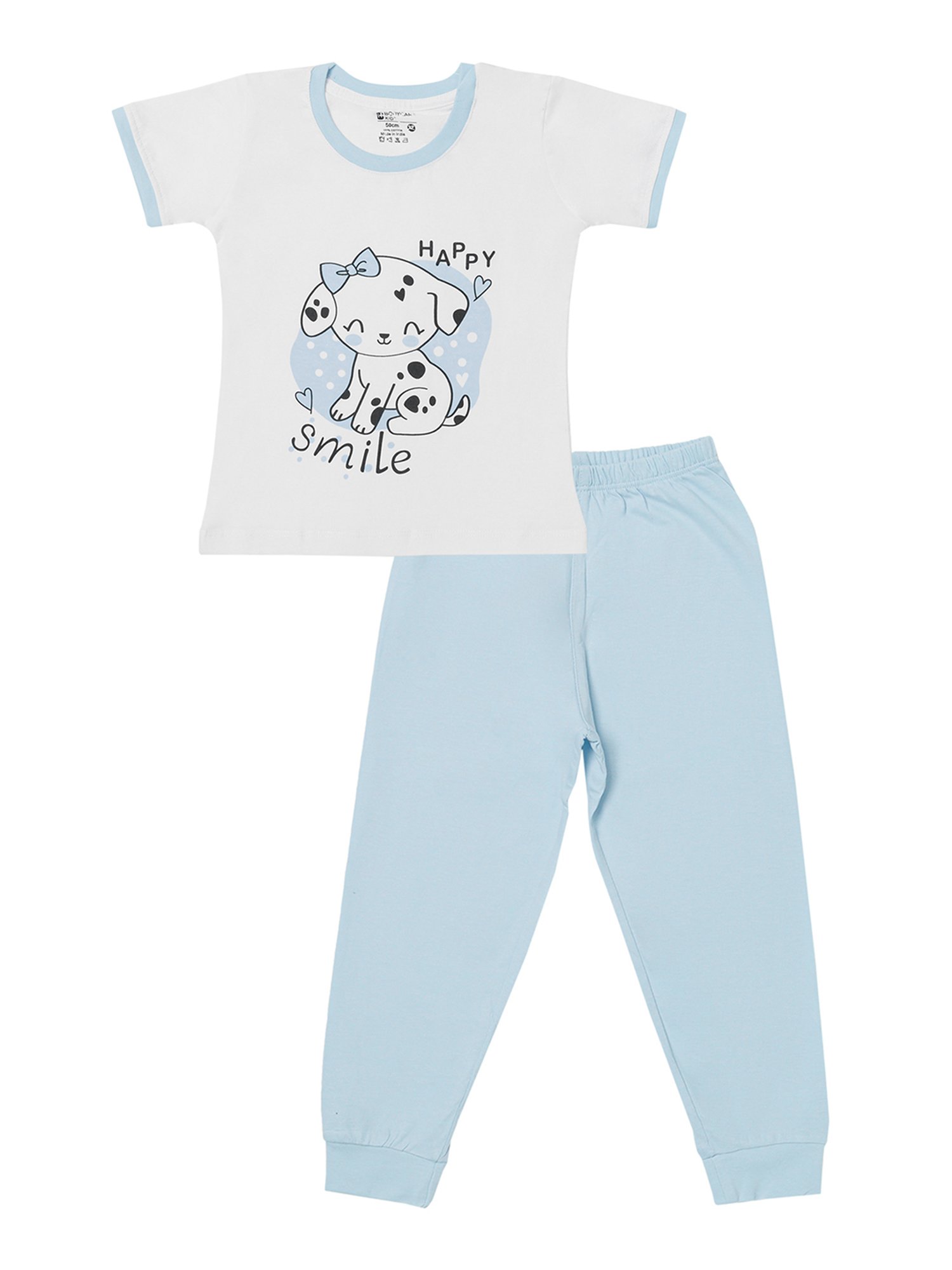 Bodycare Girls White & Sky Blue Printed T-Shirt with Pyjamas