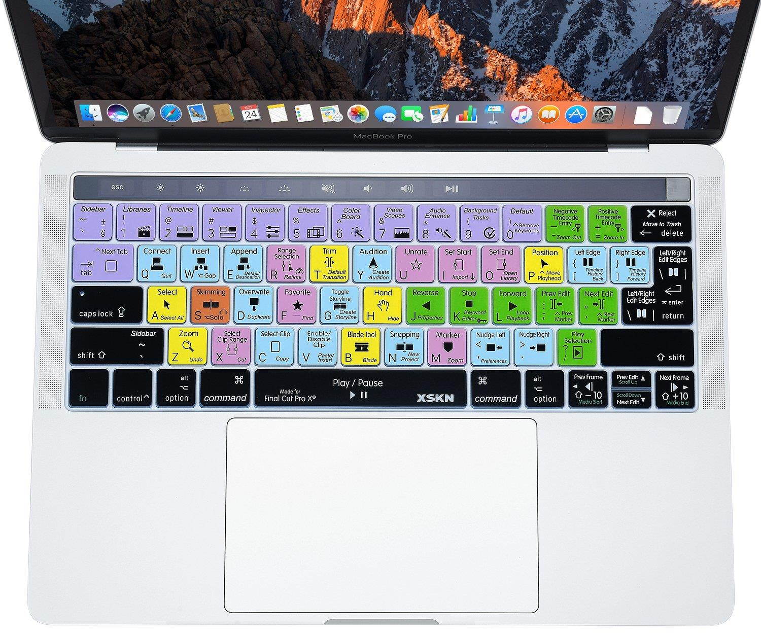 XSKN Final Cut Pro X 10 Keyboard Skin for New MacBook Pro 13 15 Retina Display A1706 A1707 (2016 Release, Free Gift Touch Bar Sticker) Functional Shortcut Silicone Keyboard Cover