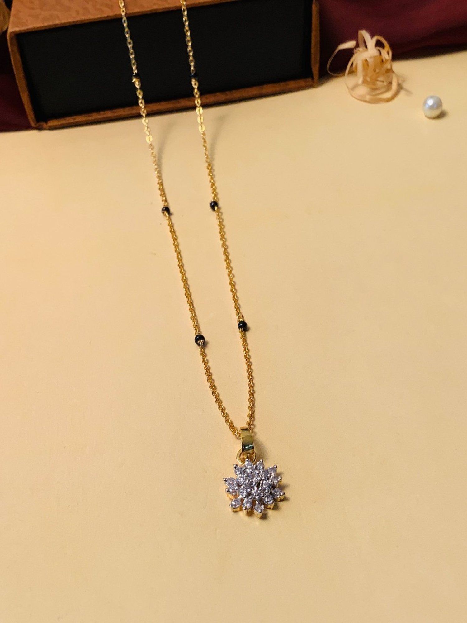 Abdesigns Gold-Plated American Diamond & Black Beaded Mangalsutra