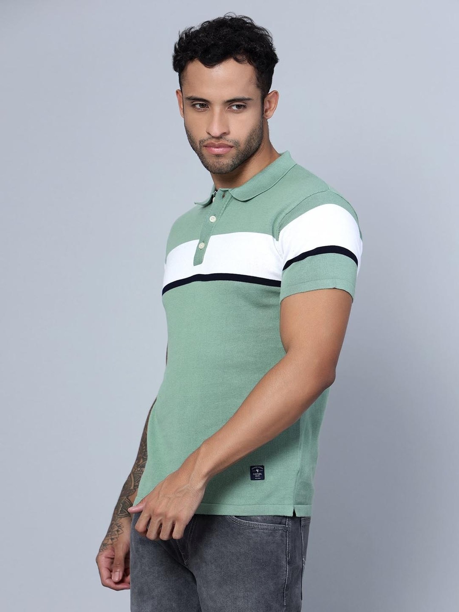 Cantabil Light Green Cotton Regular Fit Striped Polo T-Shirt