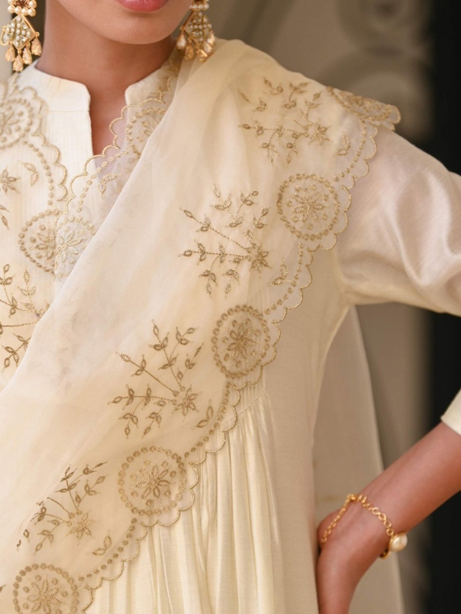 Mahee Jaipur Beige Ivory Cut Work Pure Chanderi Kurta With Pant And Dupatta